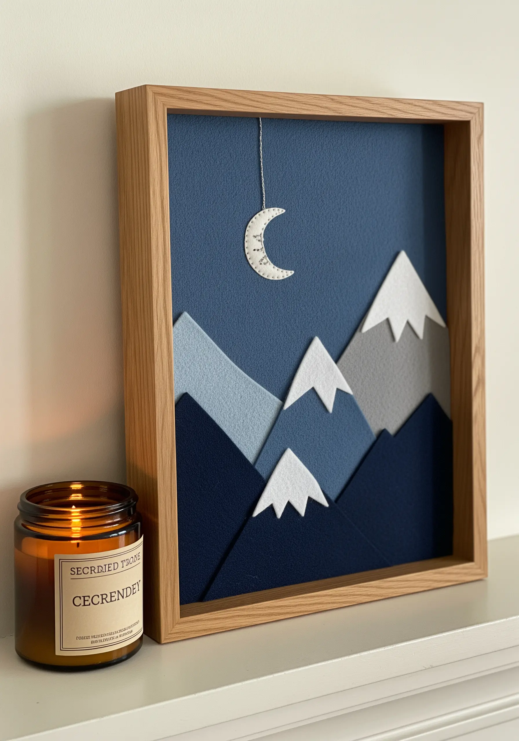 A framed felt art piece showing layered blue and gray mountains with a tiny stitched moon.