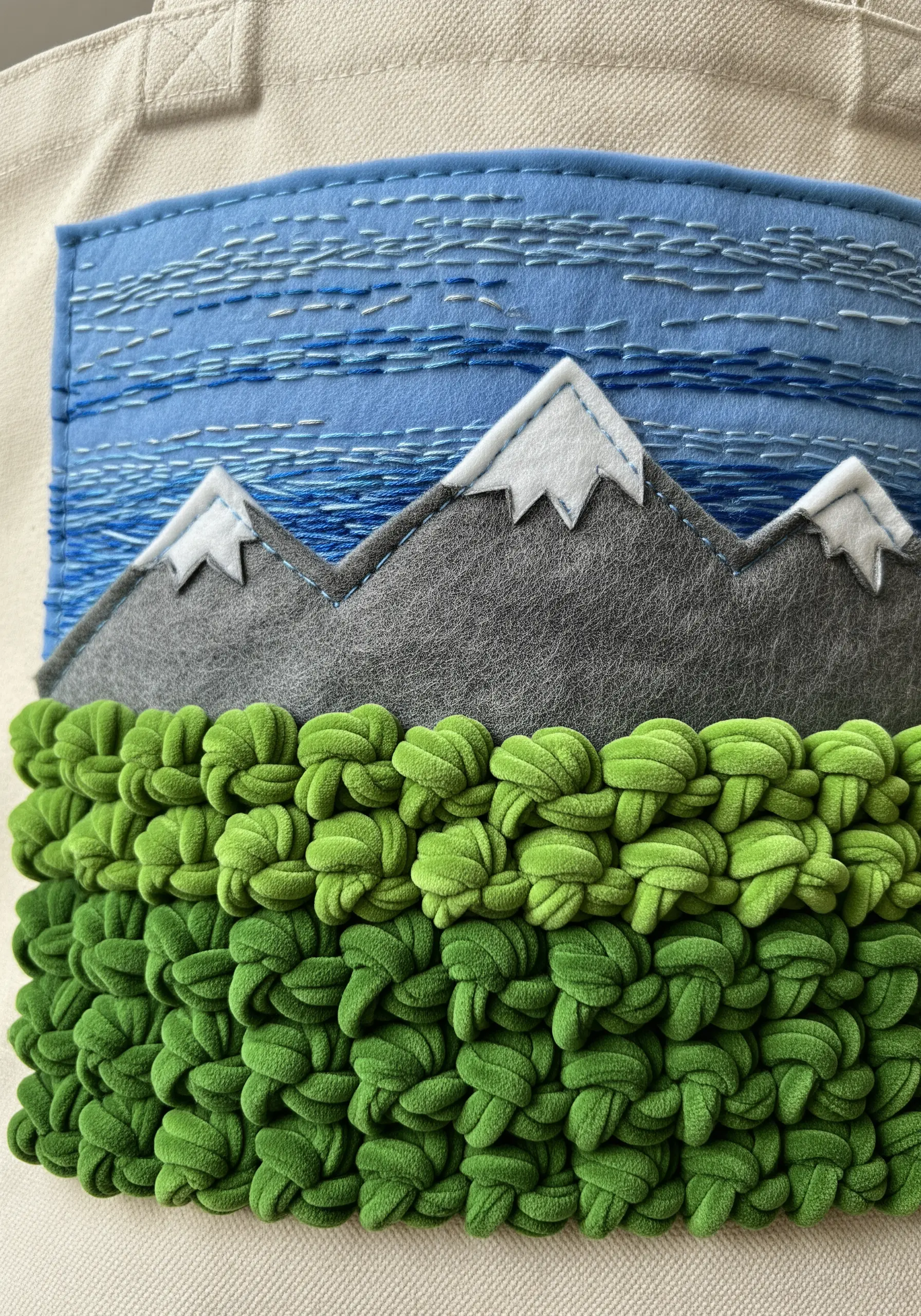 A fabric collage of a mountain scene with felt mountains and a textured green yarn foreground.