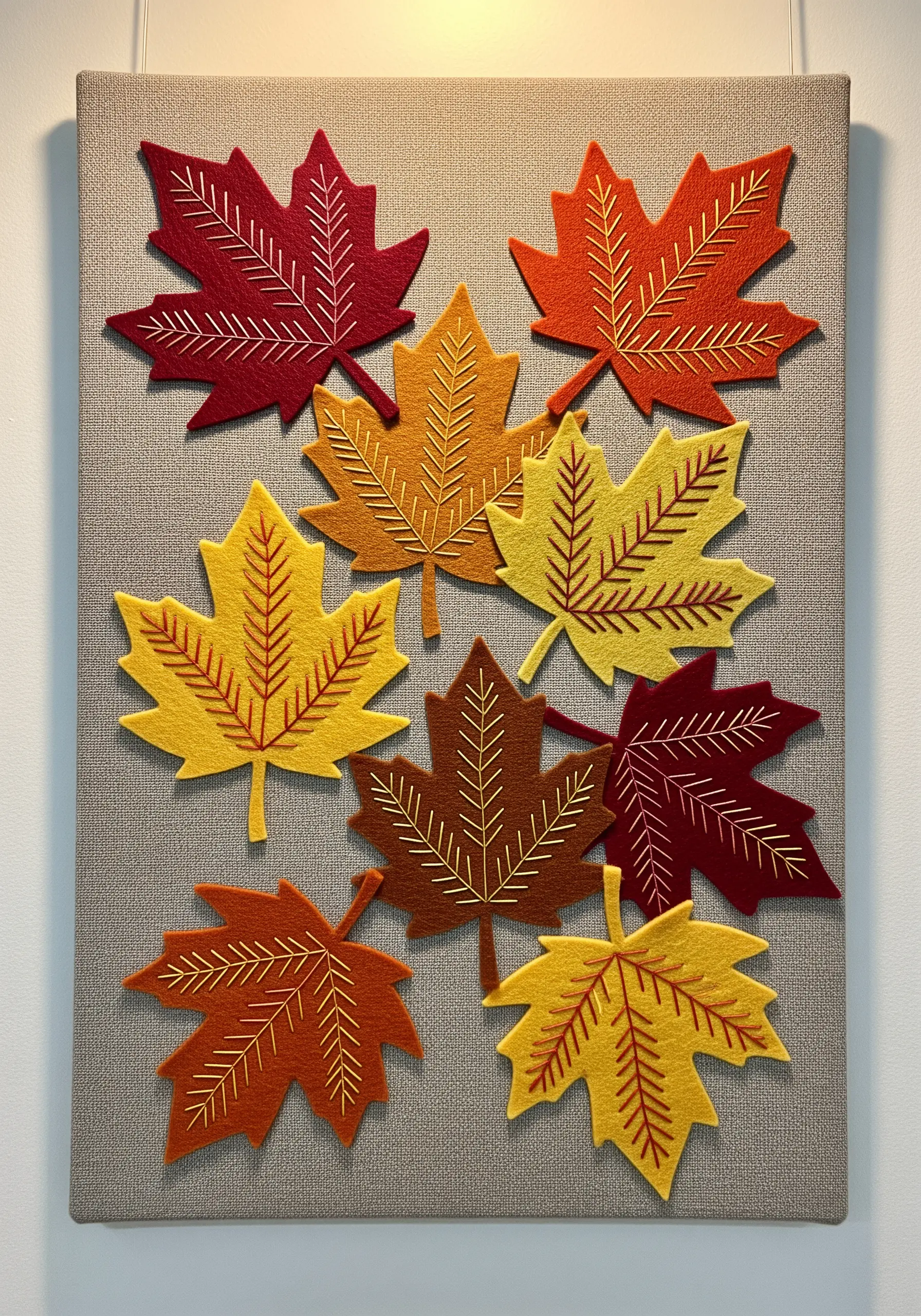 Autumn leaves made from layered felt in red, orange, and yellow, detailed with simple embroidery.