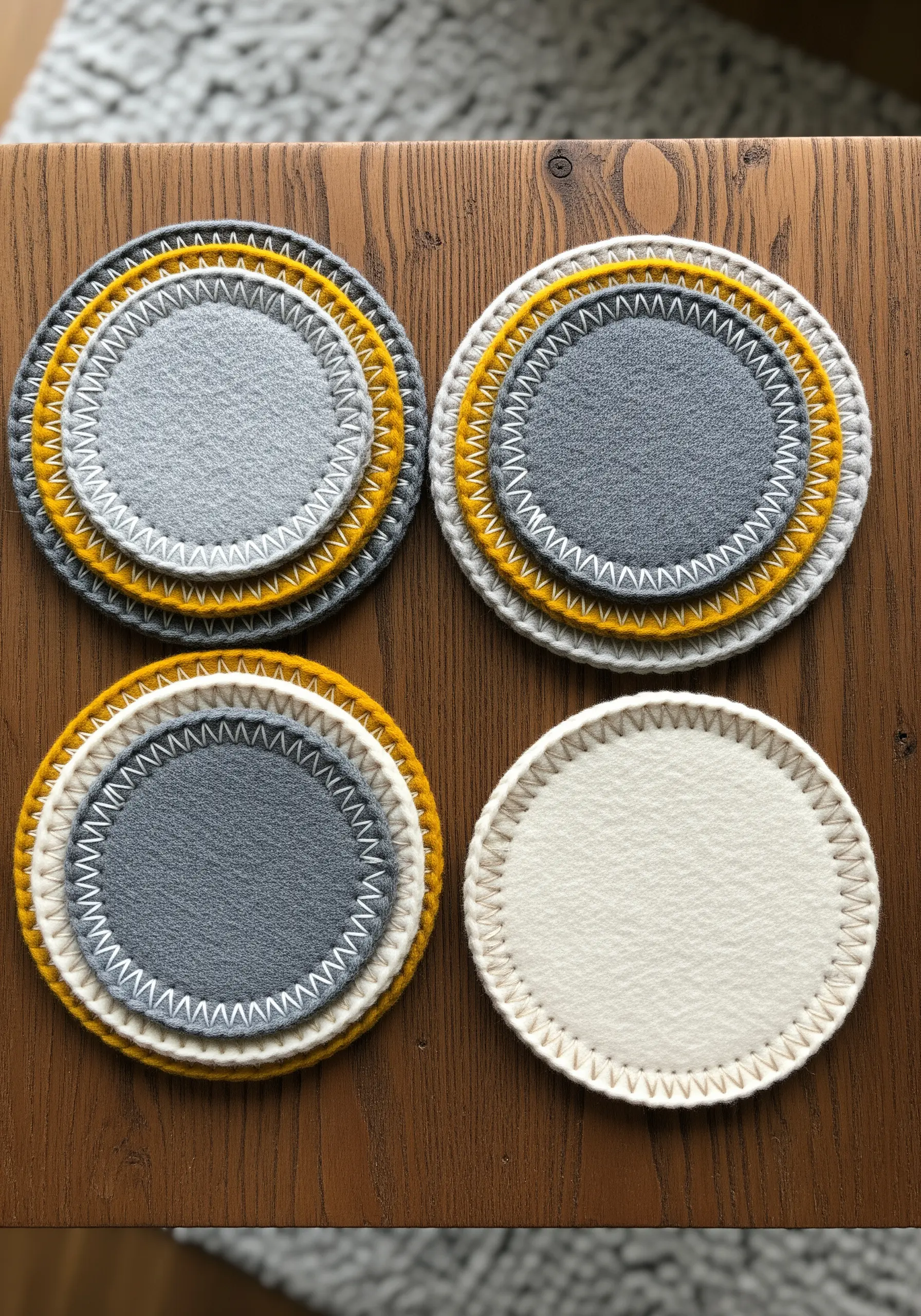 Four round, layered felt coasters in grey, yellow, and white with decorative edge stitching.