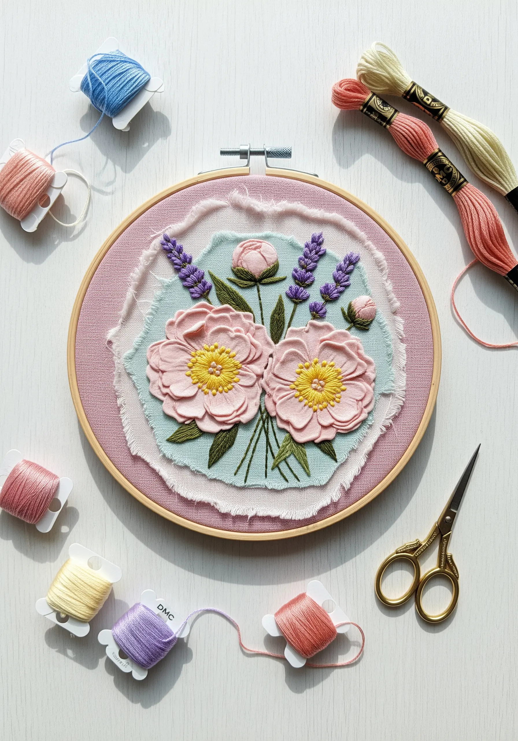 Embroidery hoop with pink 3D flowers and lavender on layered, frayed-edge pastel fabric.