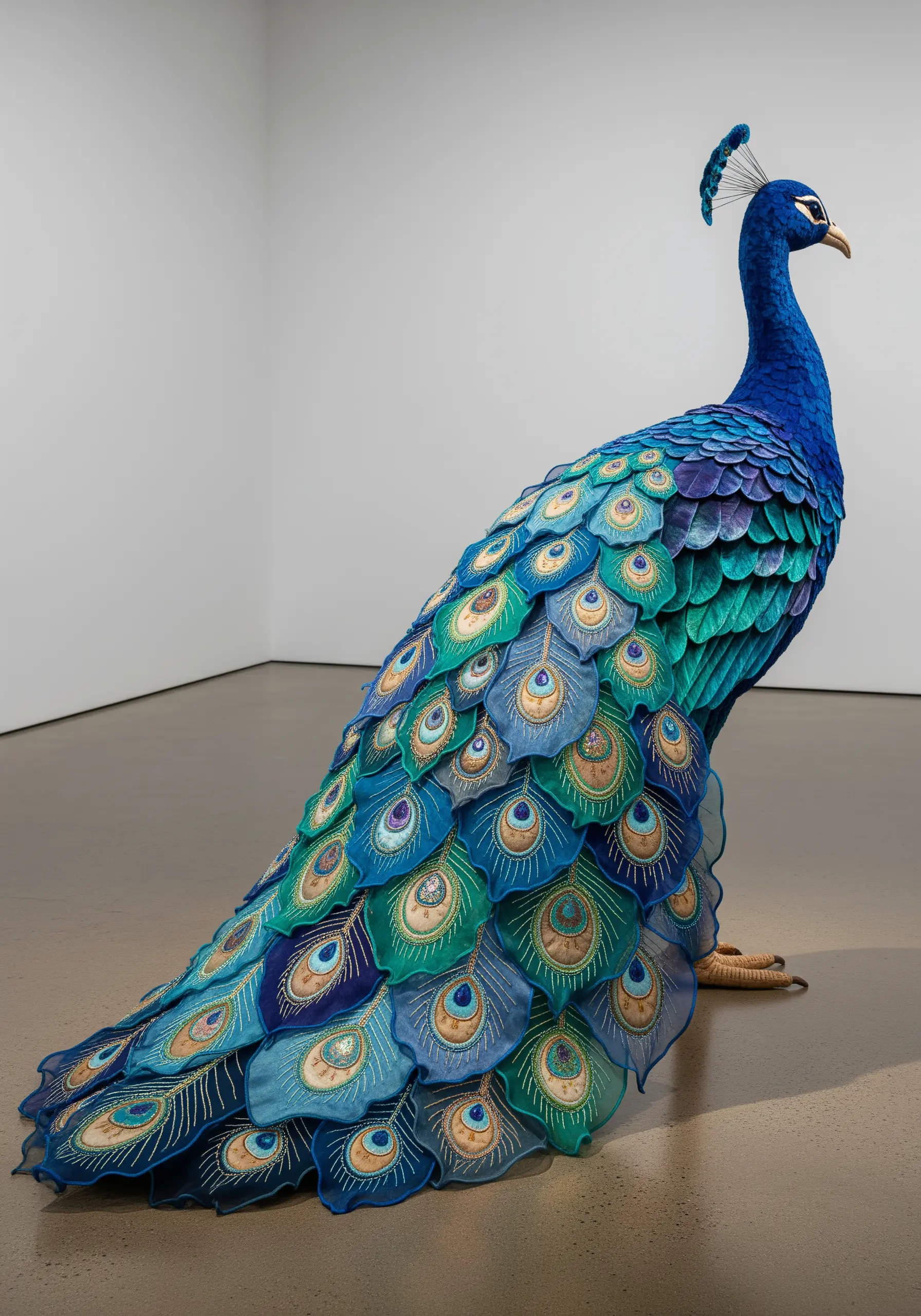 A life-sized peacock sculpture made from layers of individually embroidered and shaped fabric feathers.