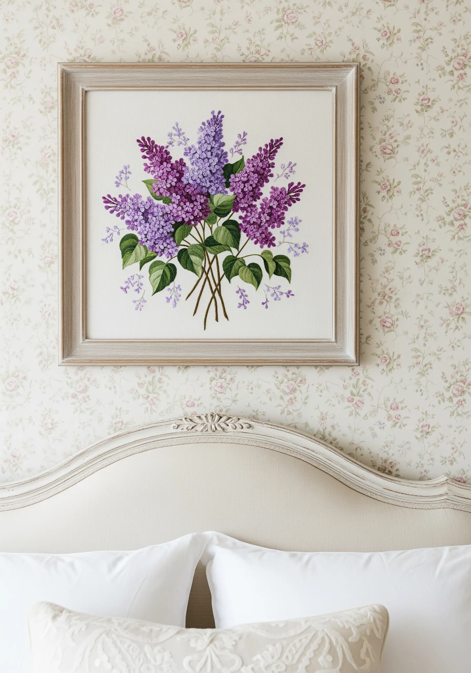 A framed embroidery of a dense lilac bouquet hanging over a classic upholstered headboard.