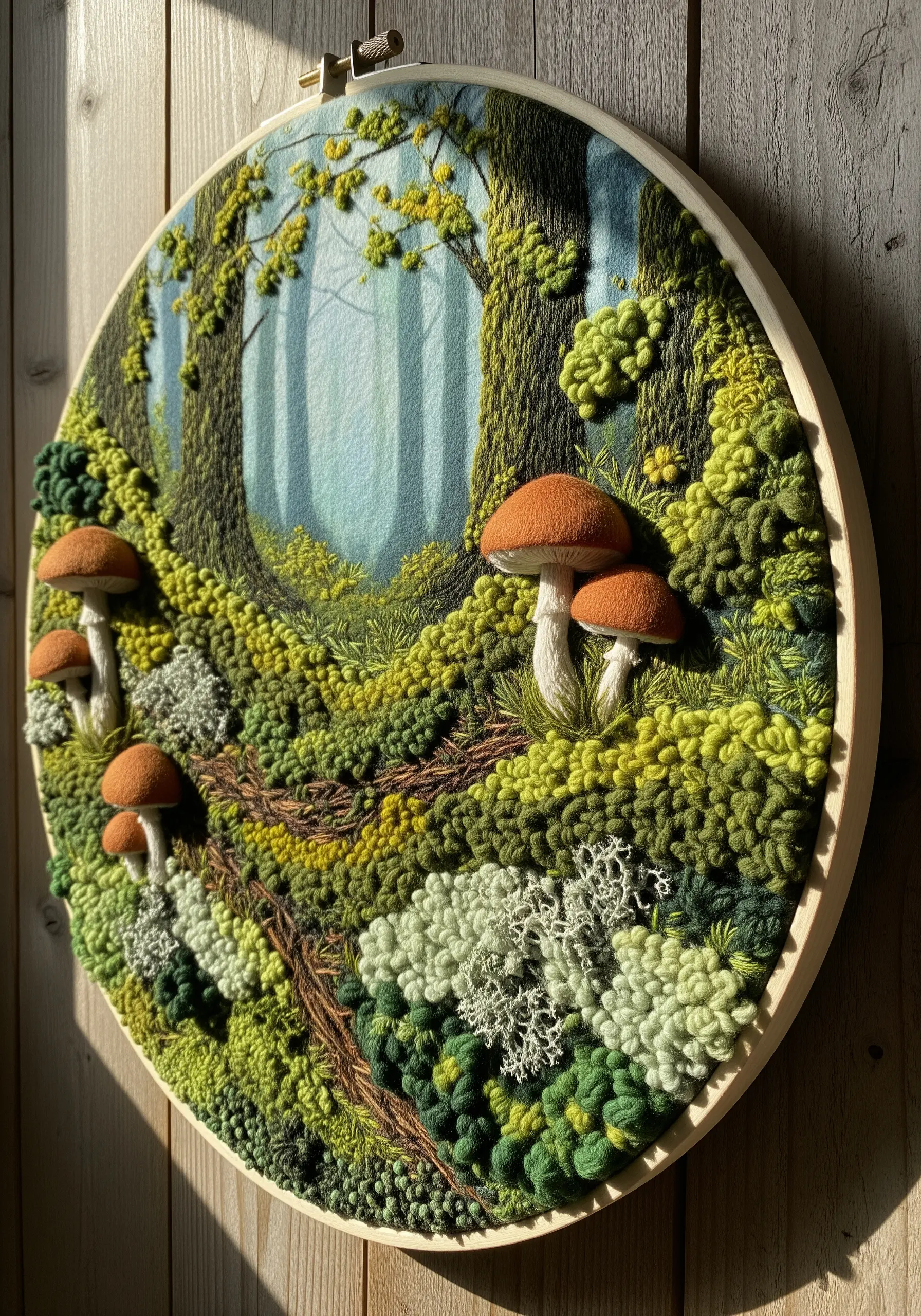 Embroidery hoop with a dense, 3D forest scene featuring moss made from French knots.