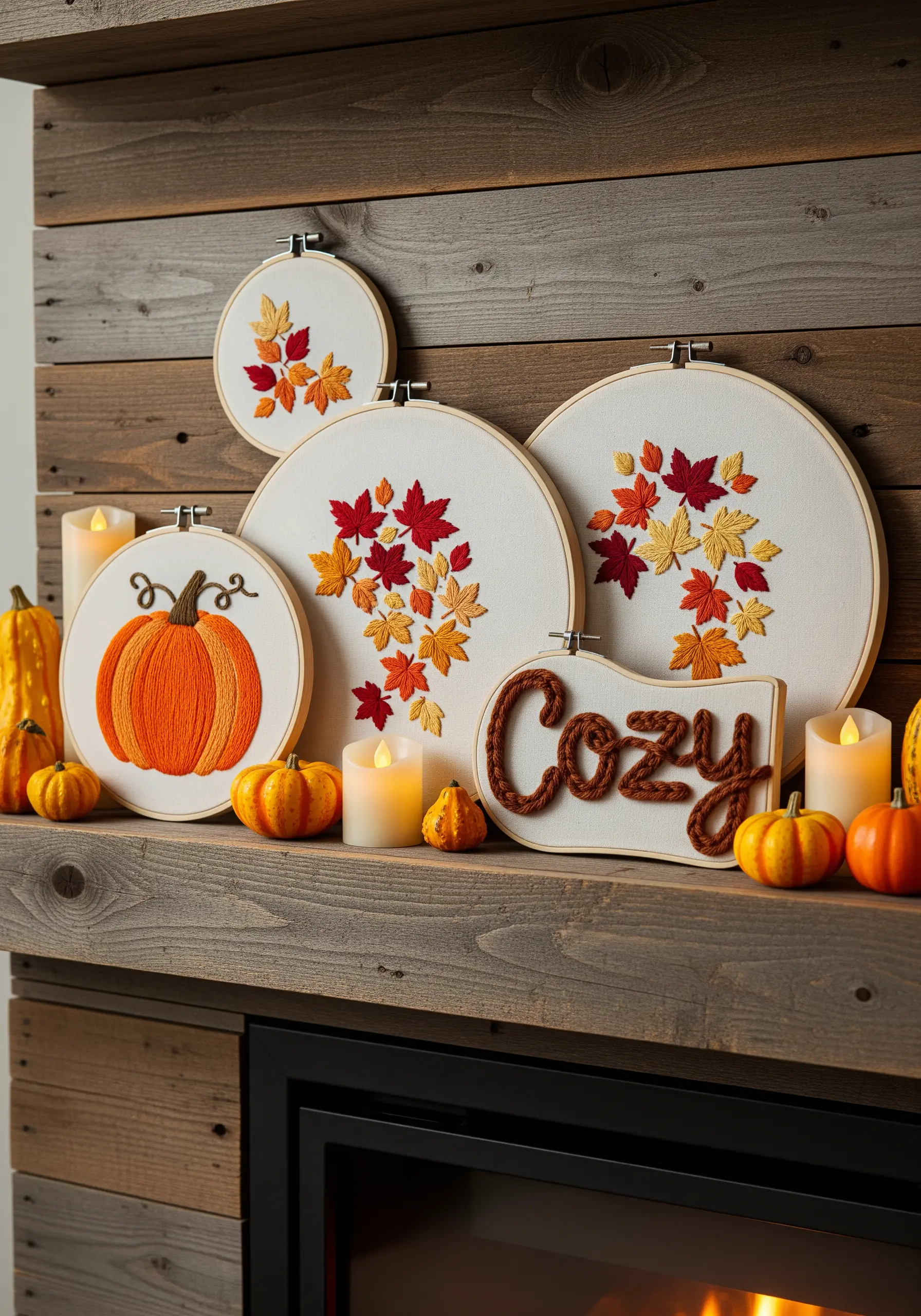 An autumn-themed mantelpiece with embroidered pumpkin and leaf hoops.
