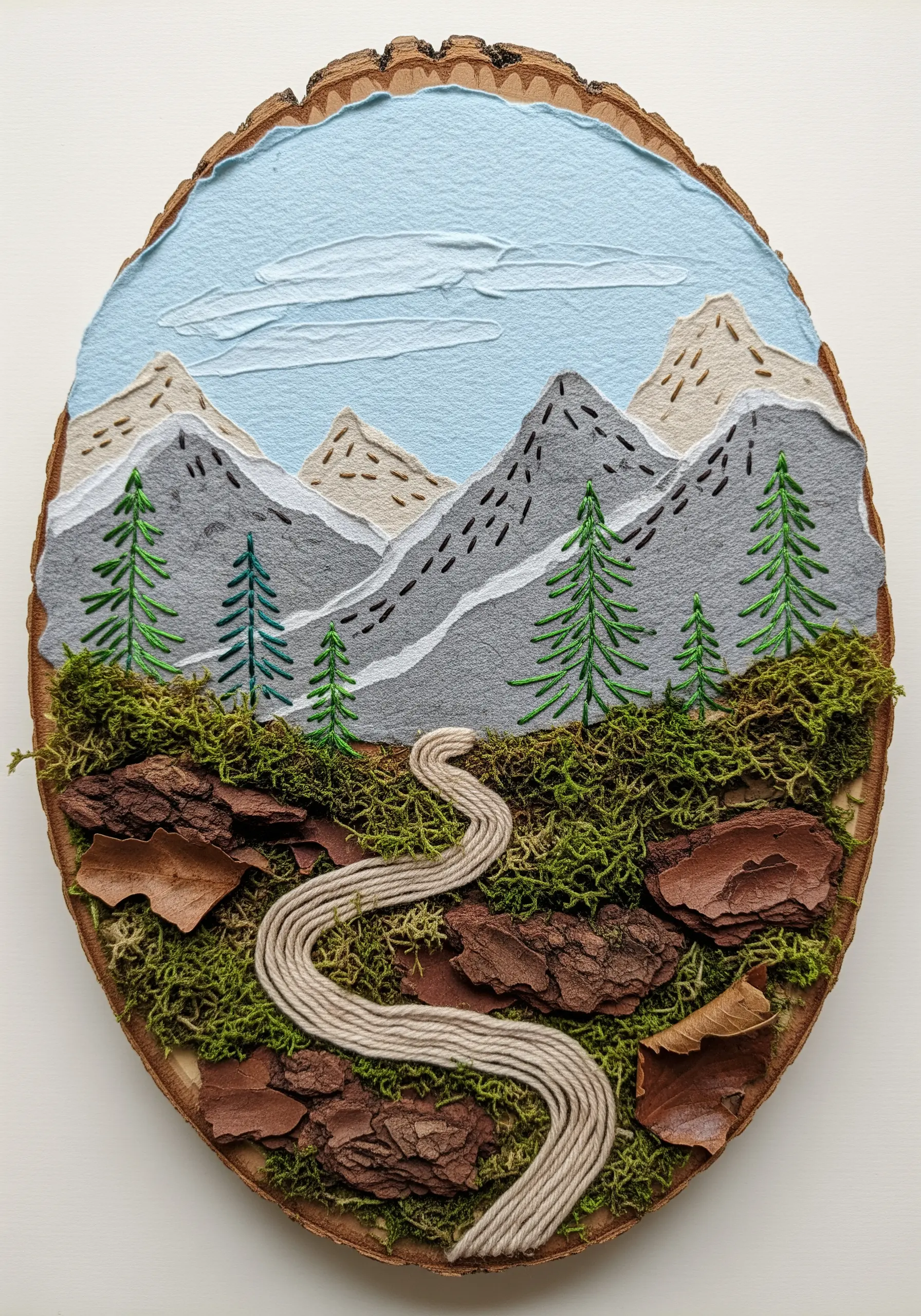 A mixed-media landscape on a wood slice, using felt, embroidery, moss, and bark for texture.