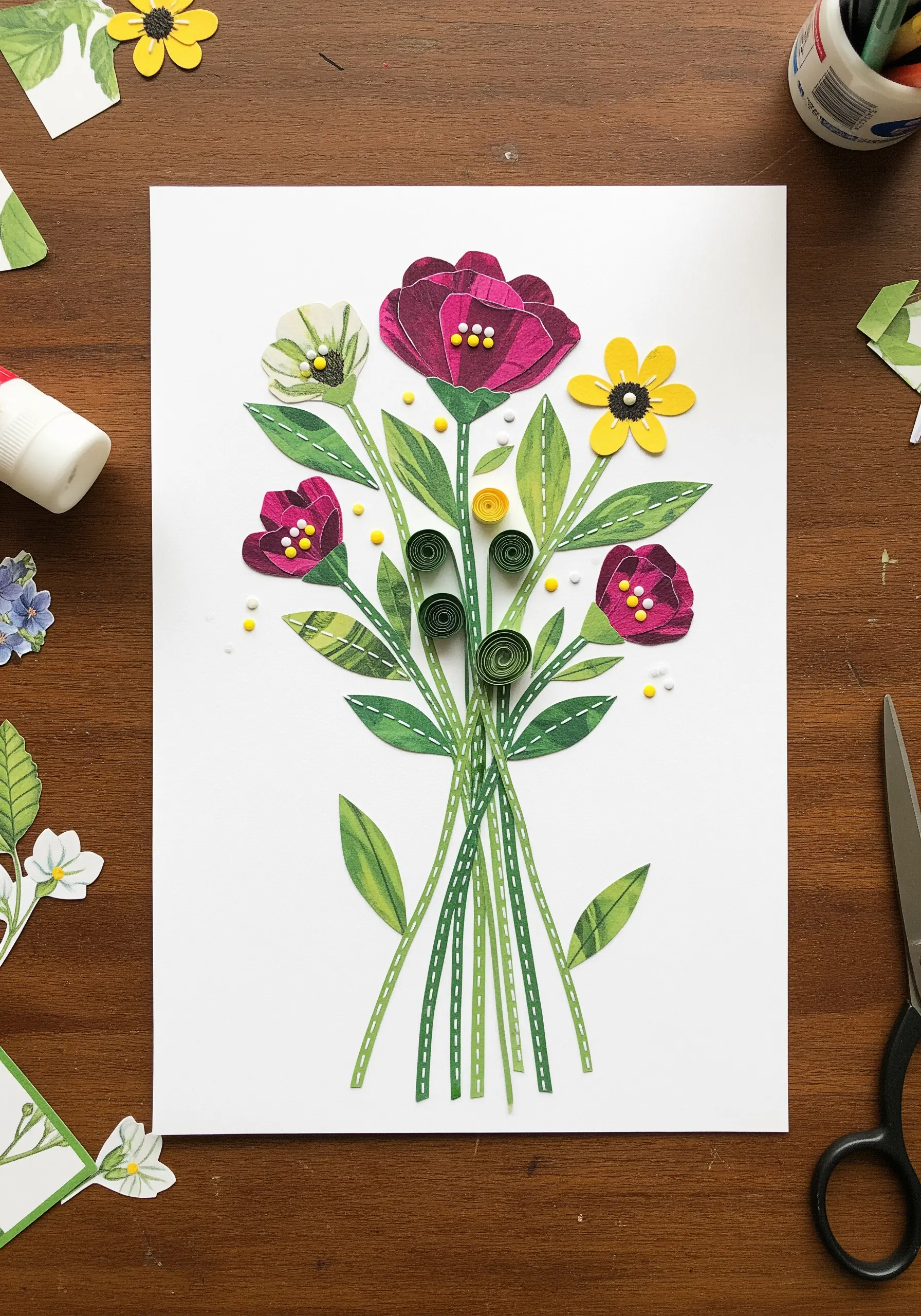 A floral bouquet collage made with layered paper cutouts and quilled details.