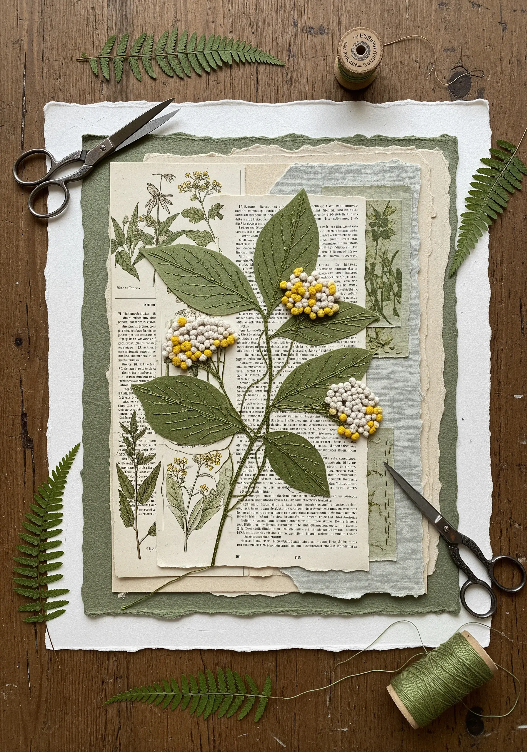 Embroidered leaf with French knot flowers collaged over vintage botanical book pages