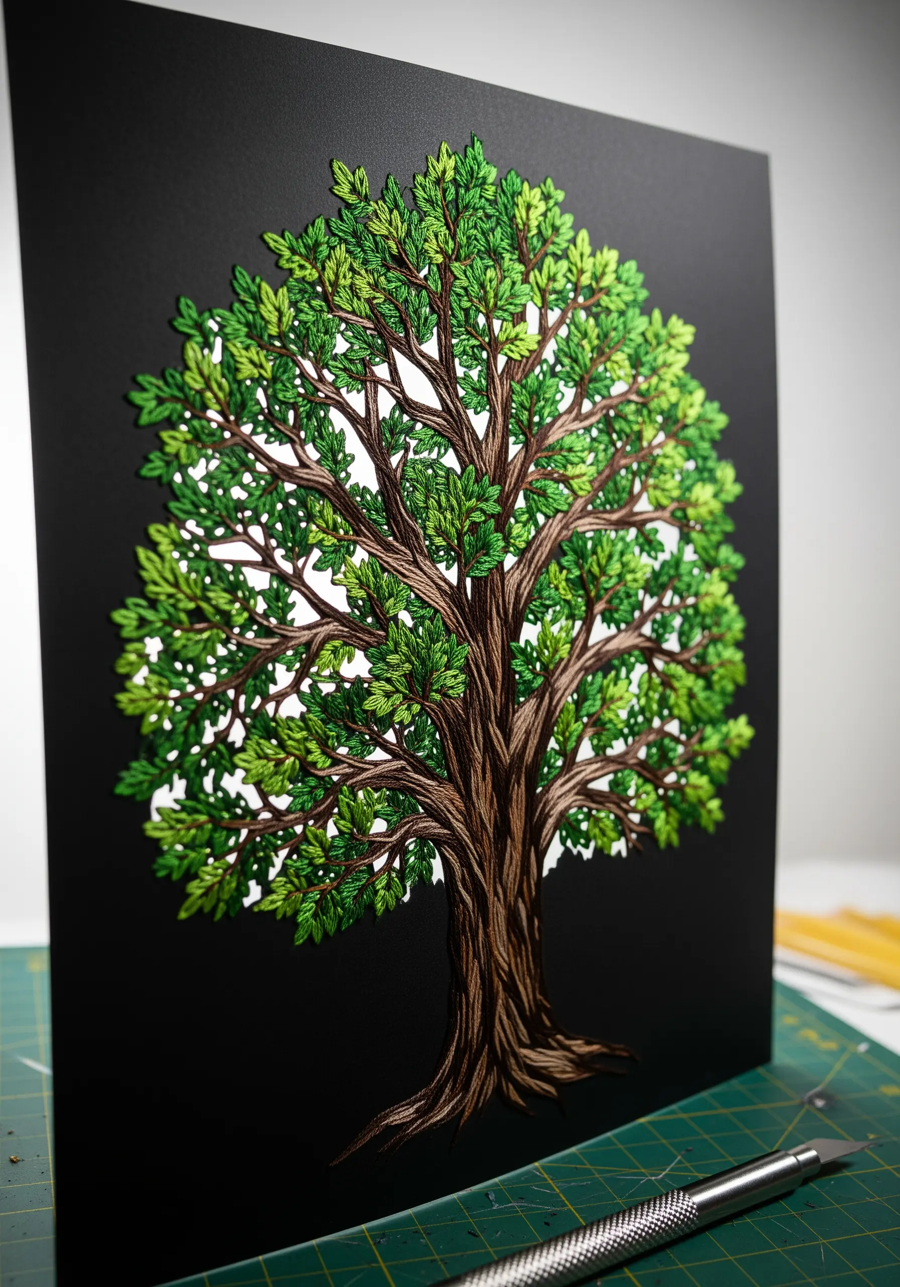 An intricate papercut tree with thread-painted leaves in shades of green on a black background.