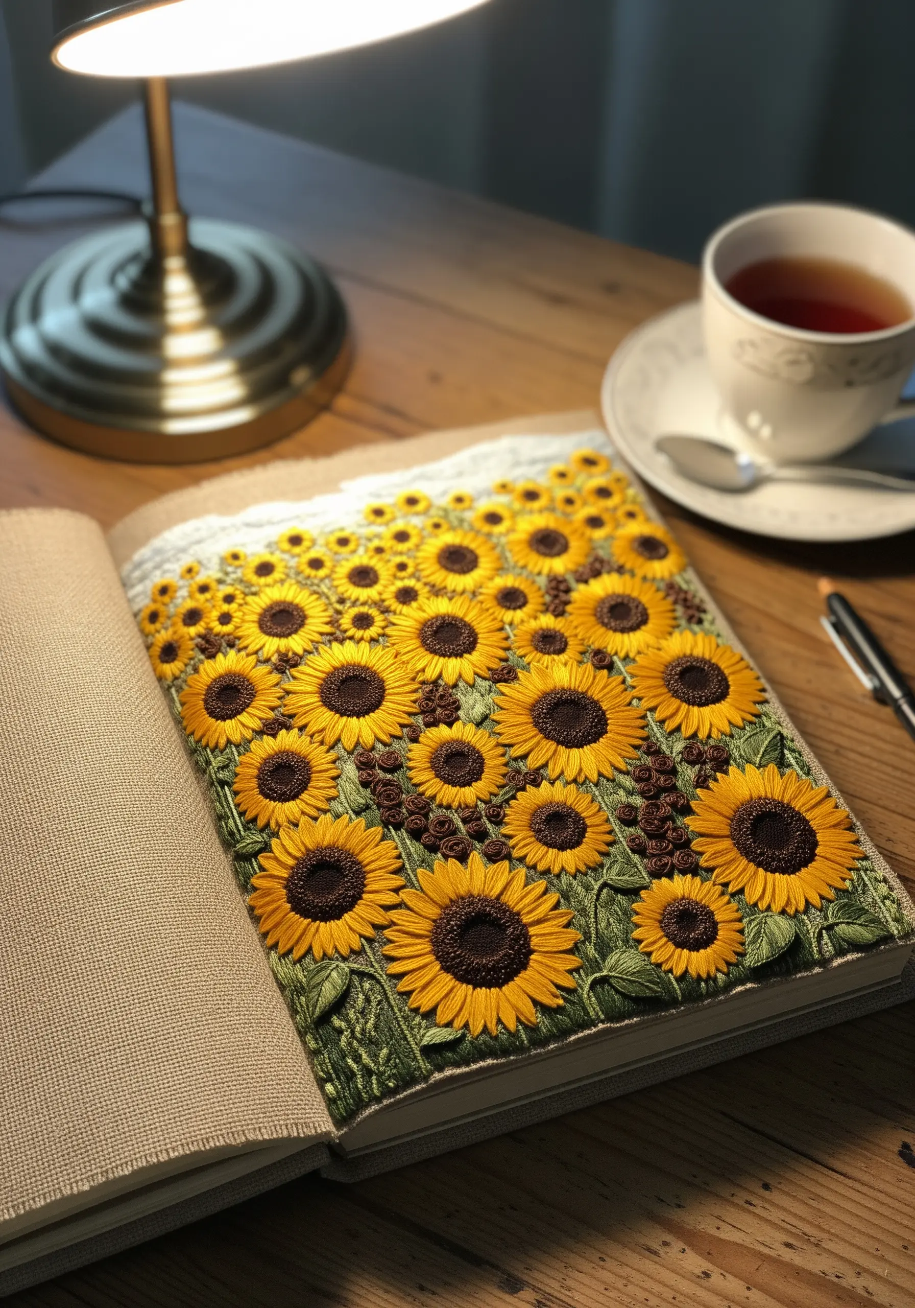 A field of vibrant, 3D embroidered sunflowers stitched onto the page of an open book.