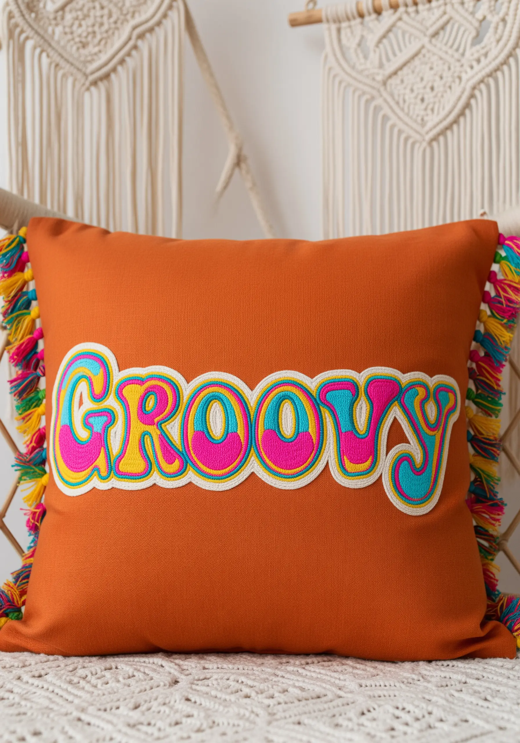 The word 'Groovy' embroidered in colorful bubble letters with layered satin stitch.