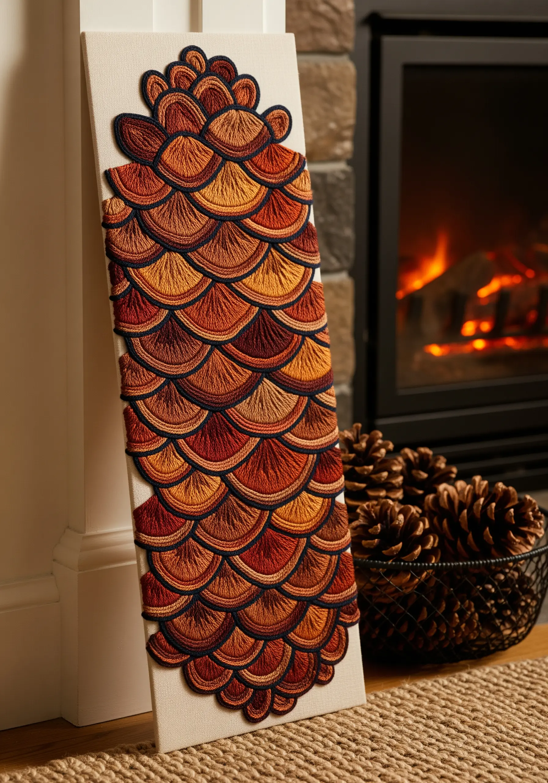 A long canvas with an embroidered pinecone pattern made of layered, satin-stitched scales.