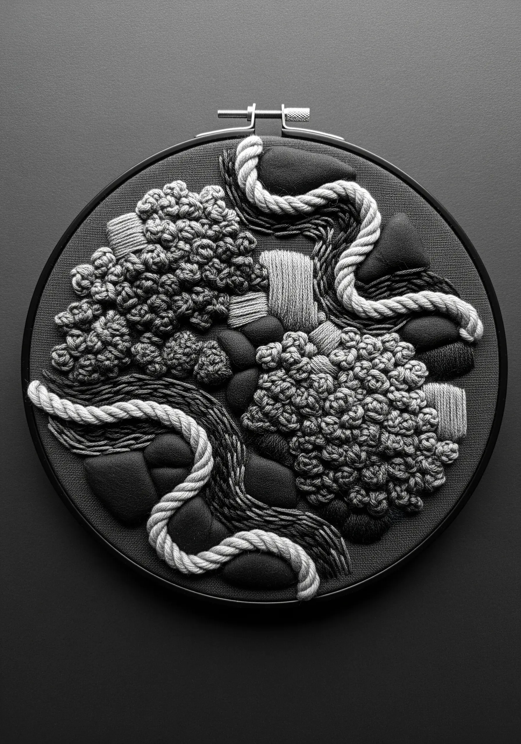 Abstract monochrome embroidery with felt appliqué, couched cords, and dense French knots in a hoop.