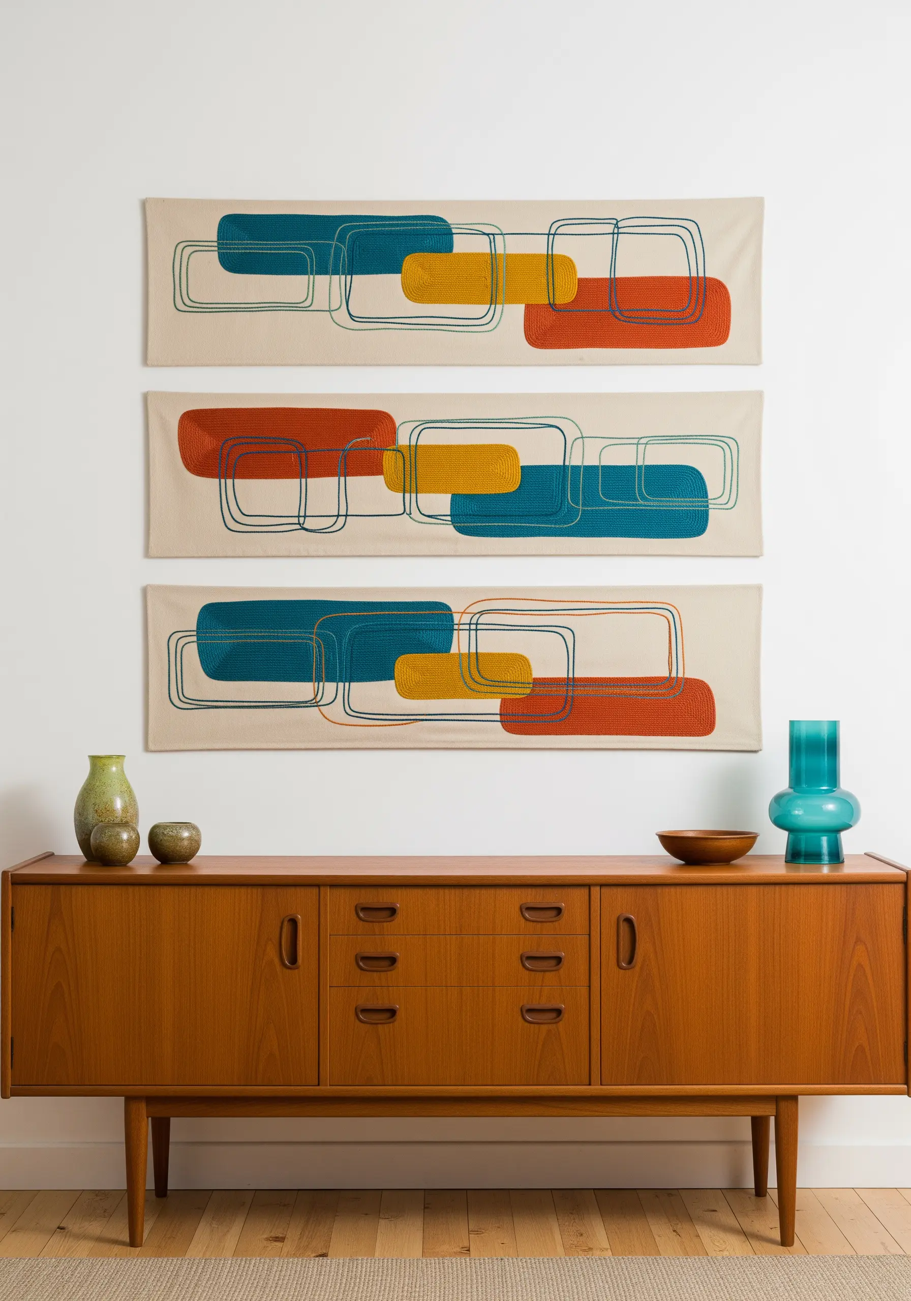 Three long, horizontal embroidered panels with mid-century modern abstract shapes in blue, yellow, and red