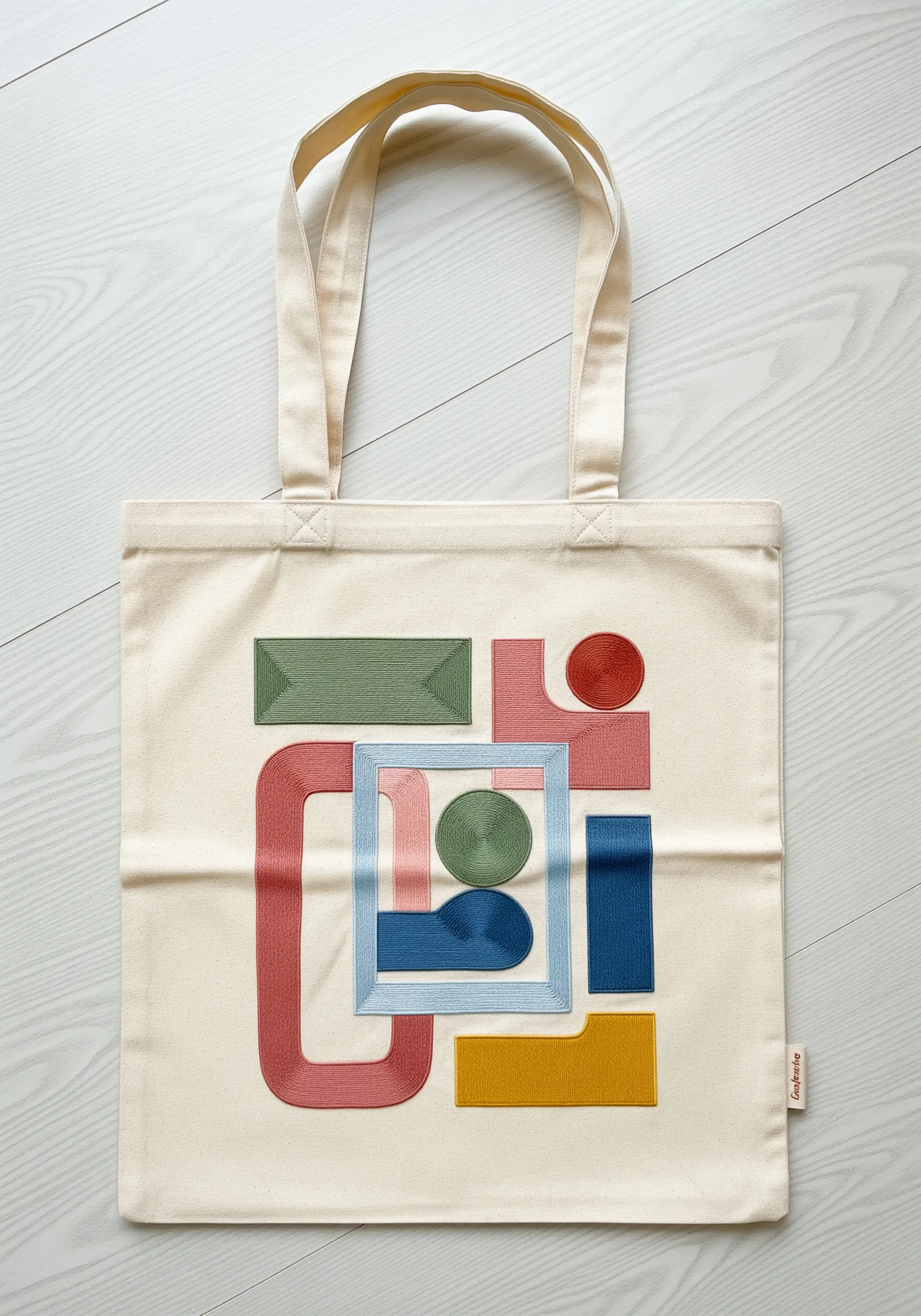 Abstract geometric composition on a tote bag using satin stitch and a sheer fabric overlay.