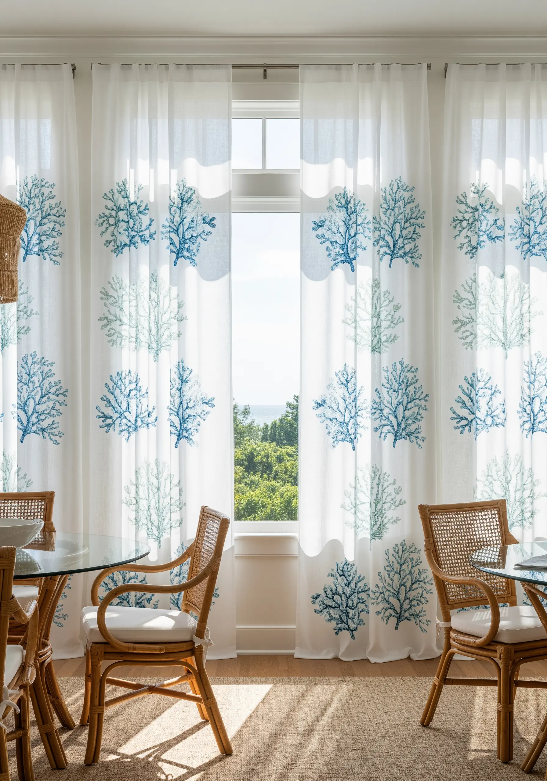Sheer white curtains with coral motifs embroidered in two shades of blue.
