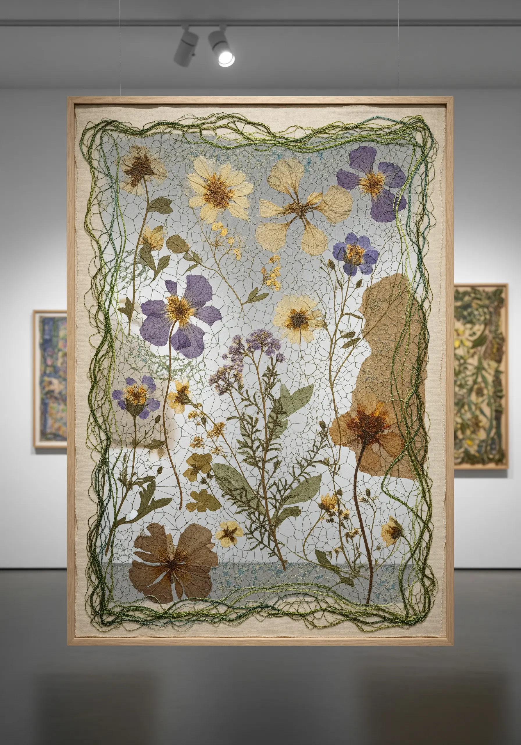 A large framed artwork of pressed flowers layered under a stitched, net-like fabric.