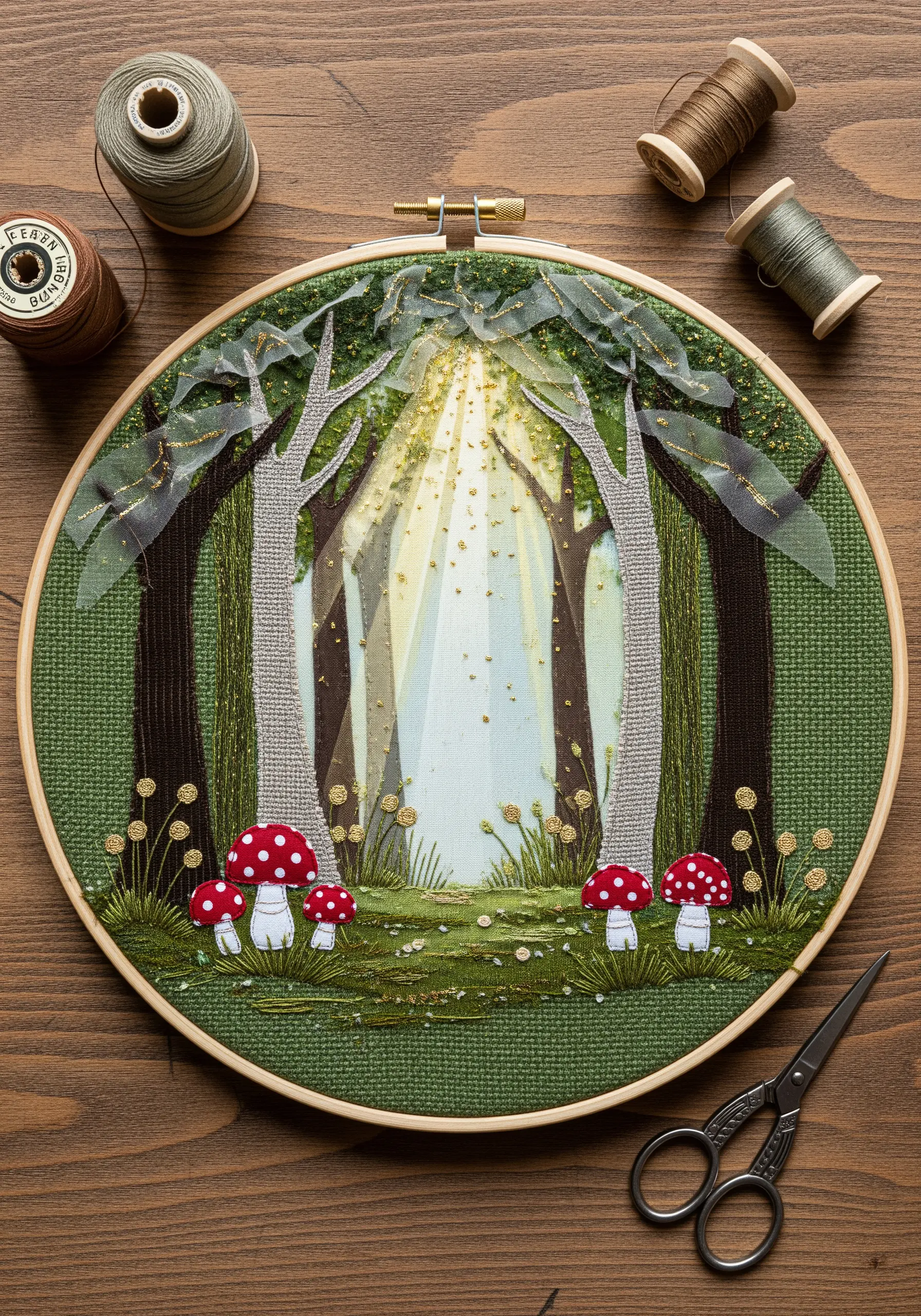 Fabric collage embroidery of a forest scene with sheer organza creating rays of light
