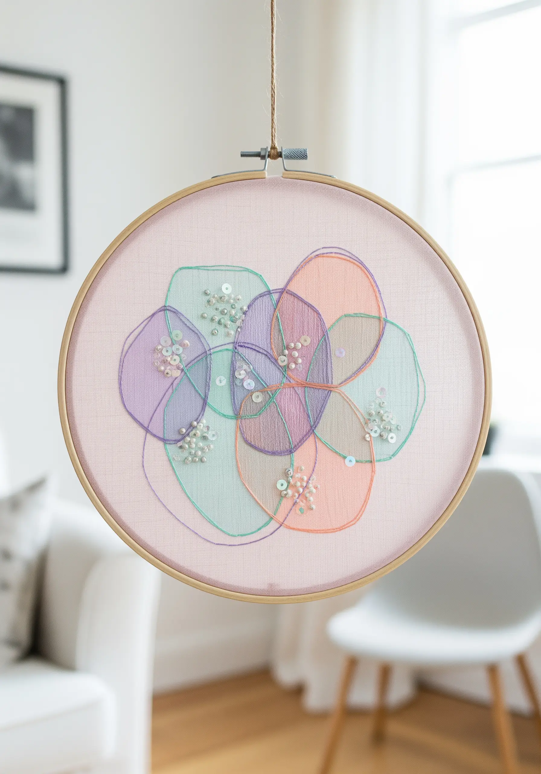 Embroidery hoop with layered sheer organza shapes in pastel colors, embellished with beads.