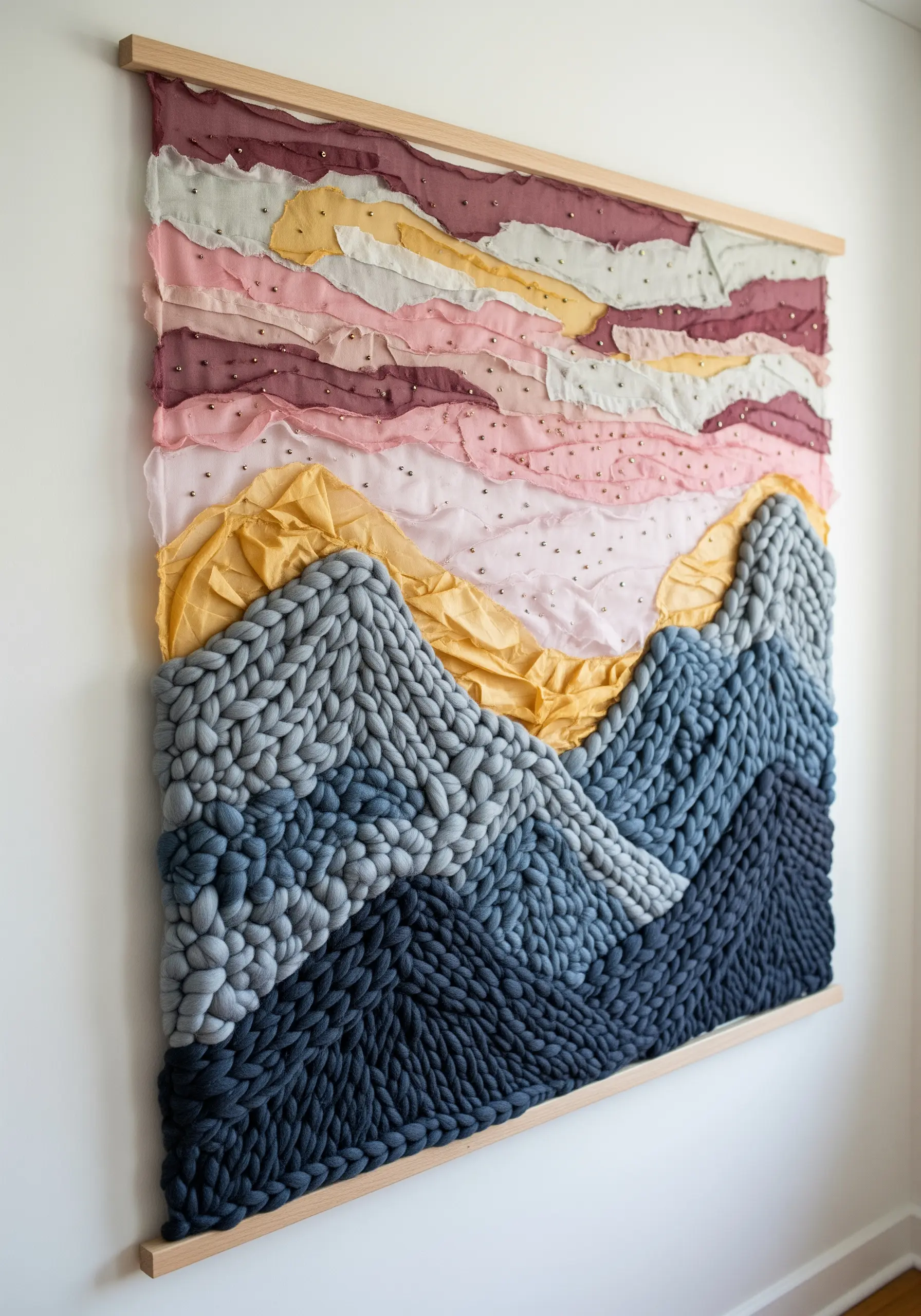 Mixed-media mountain landscape with chunky blue yarn and sheer pink and yellow fabric.