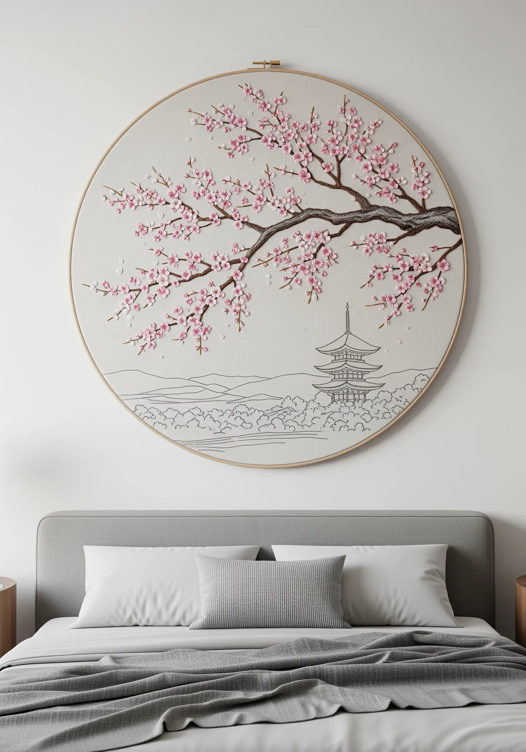 Large embroidery hoop with a blossoming cherry tree branch over a line-art pagoda landscape.