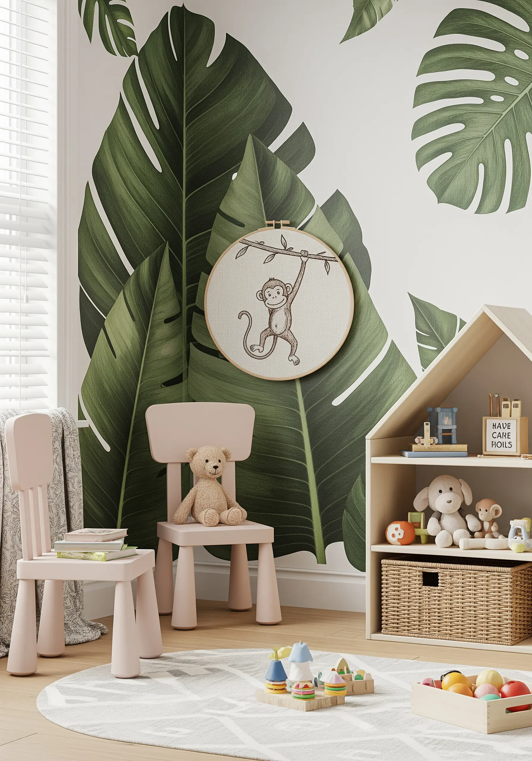 An embroidery hoop with a line-art monkey hanging on a wall with a bold, tropical leaf mural.