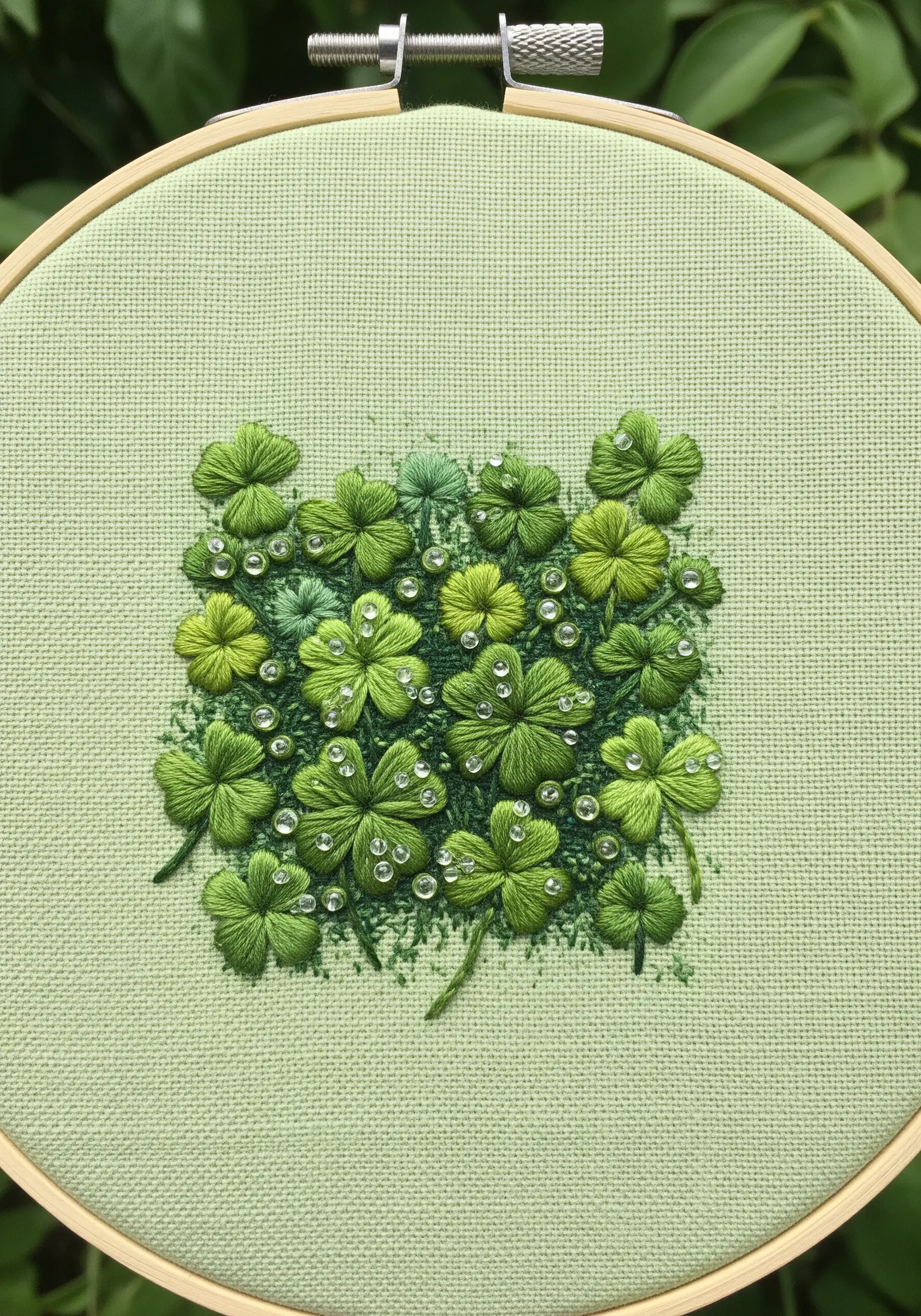 A dense patch of four-leaf clovers in various greens, dotted with clear beads.