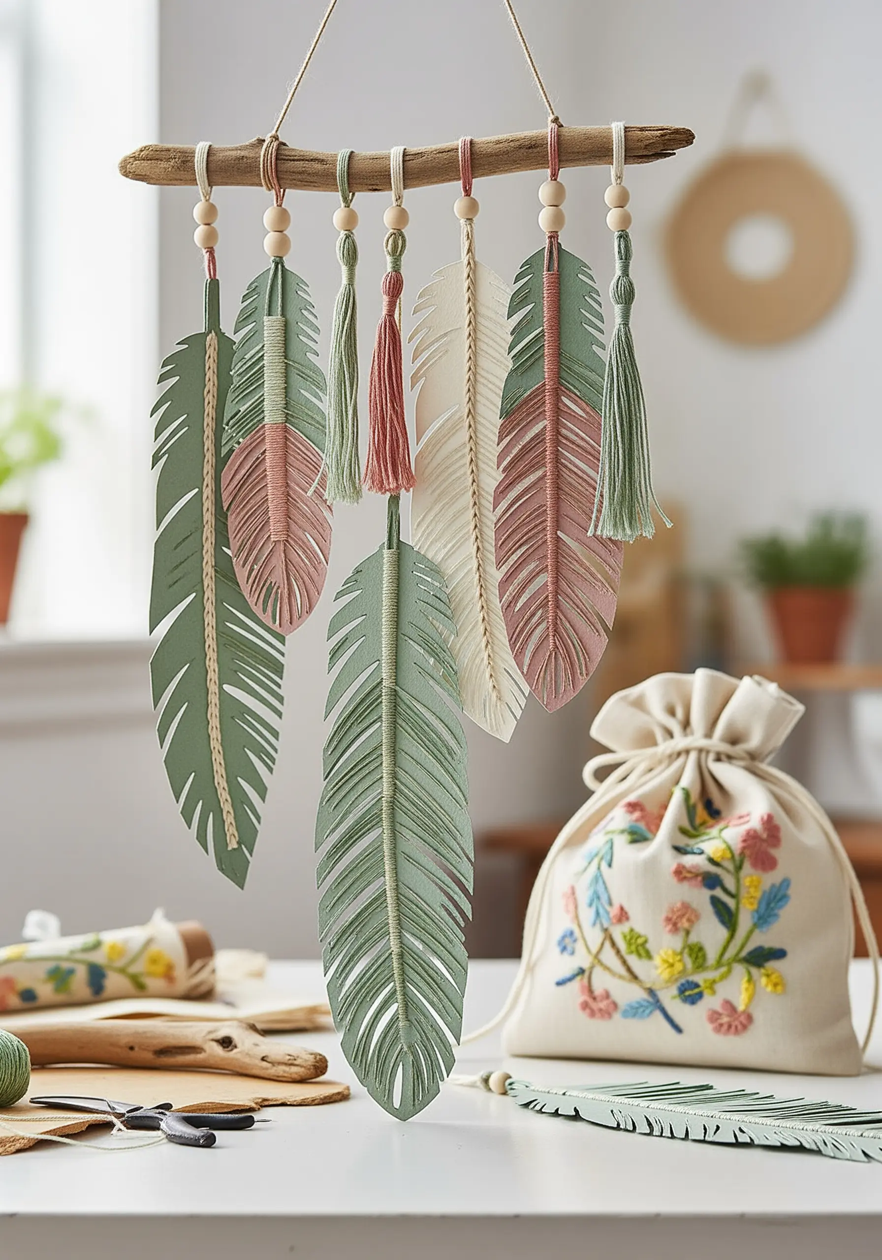 Paper feathers in sage green and blush pink with stitched details hanging from a piece of driftwood.