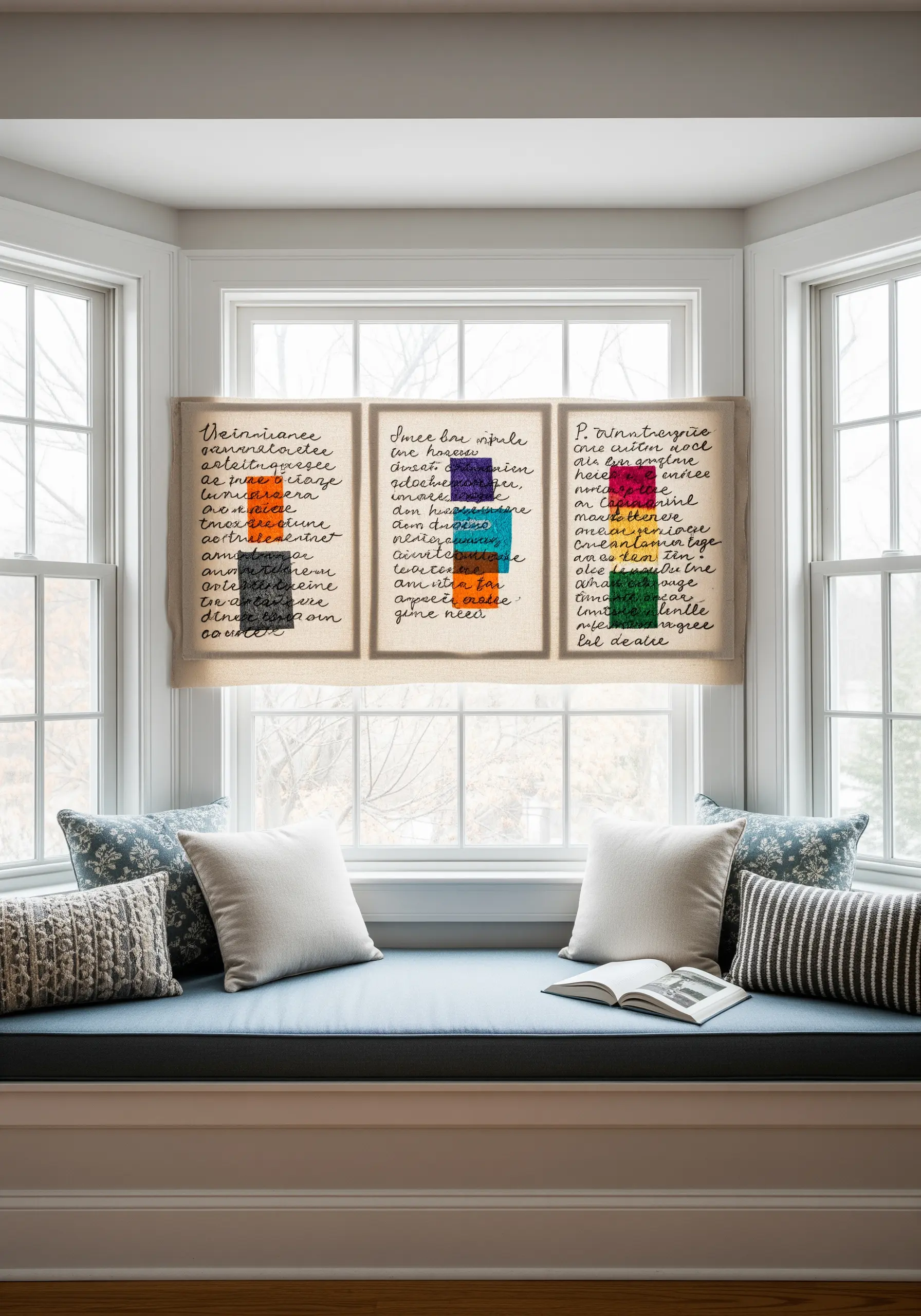 Embroidered sheer panels with text and color blocks hanging in a sunlit bay window