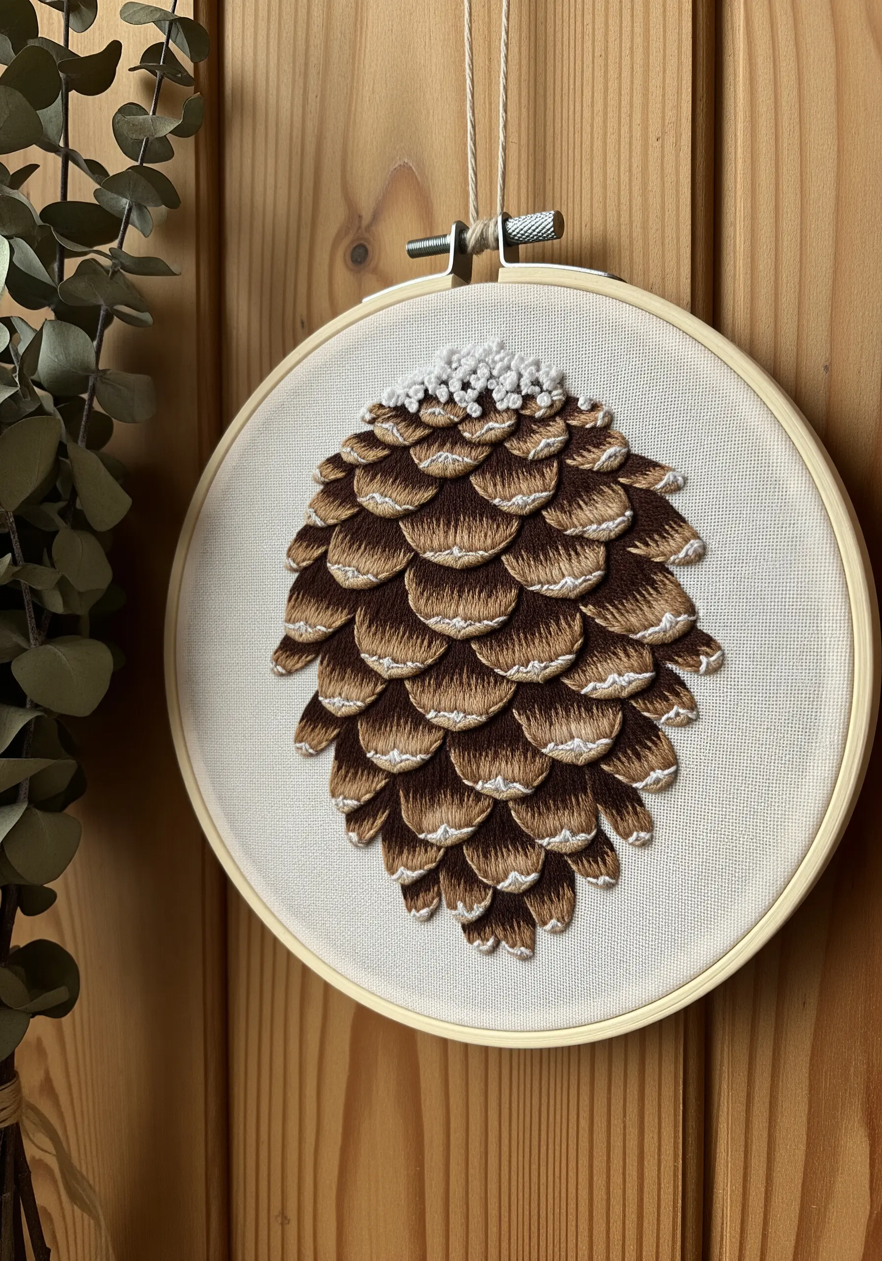 A hoop embroidery of a pinecone with layered, satin-stitched scales in shades of brown.