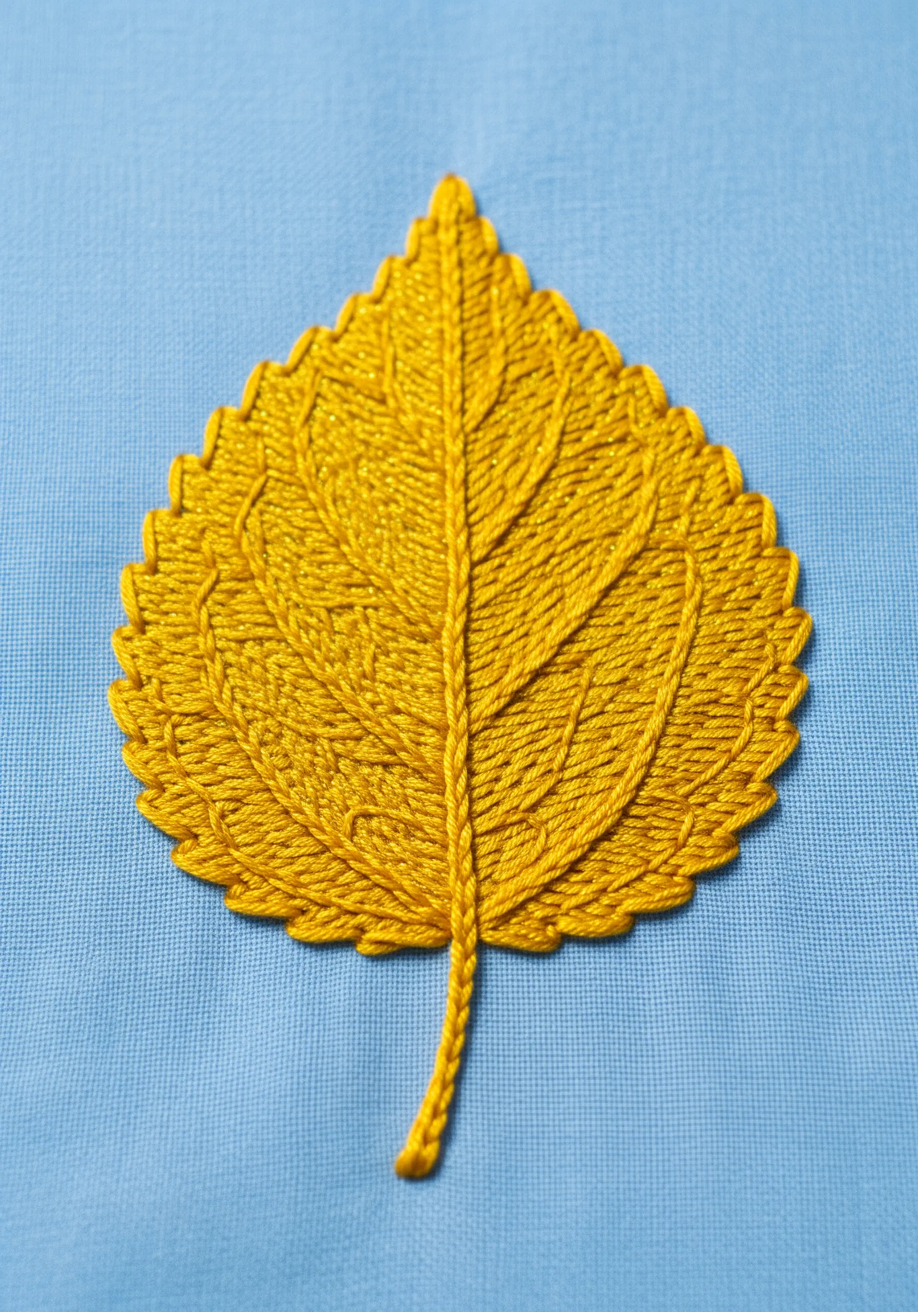 Golden leaf embroidered on blue fabric with layered chain stitch veins over satin stitch.