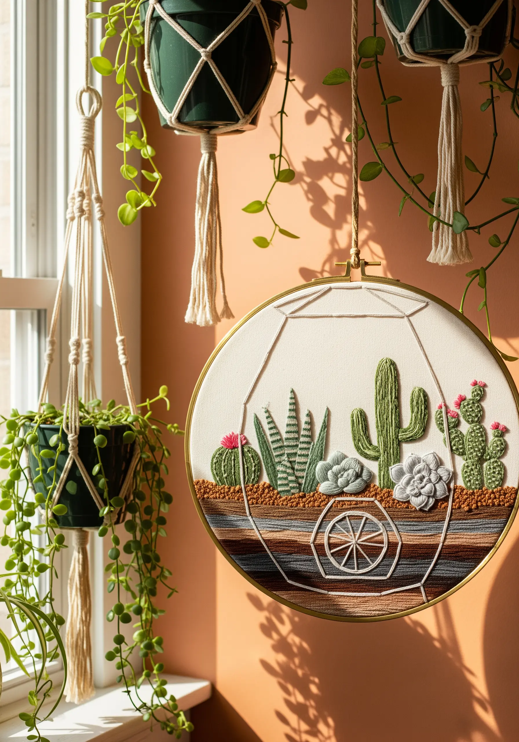 Embroidered terrarium in a geometric hoop, featuring various cacti and succulents with 3D stitches.
