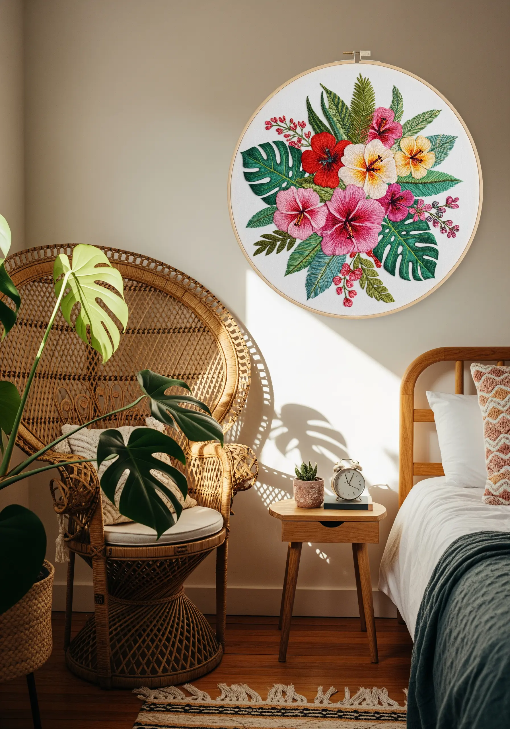 Oversized embroidery hoop with vibrant tropical hibiscus flowers and monstera leaves.