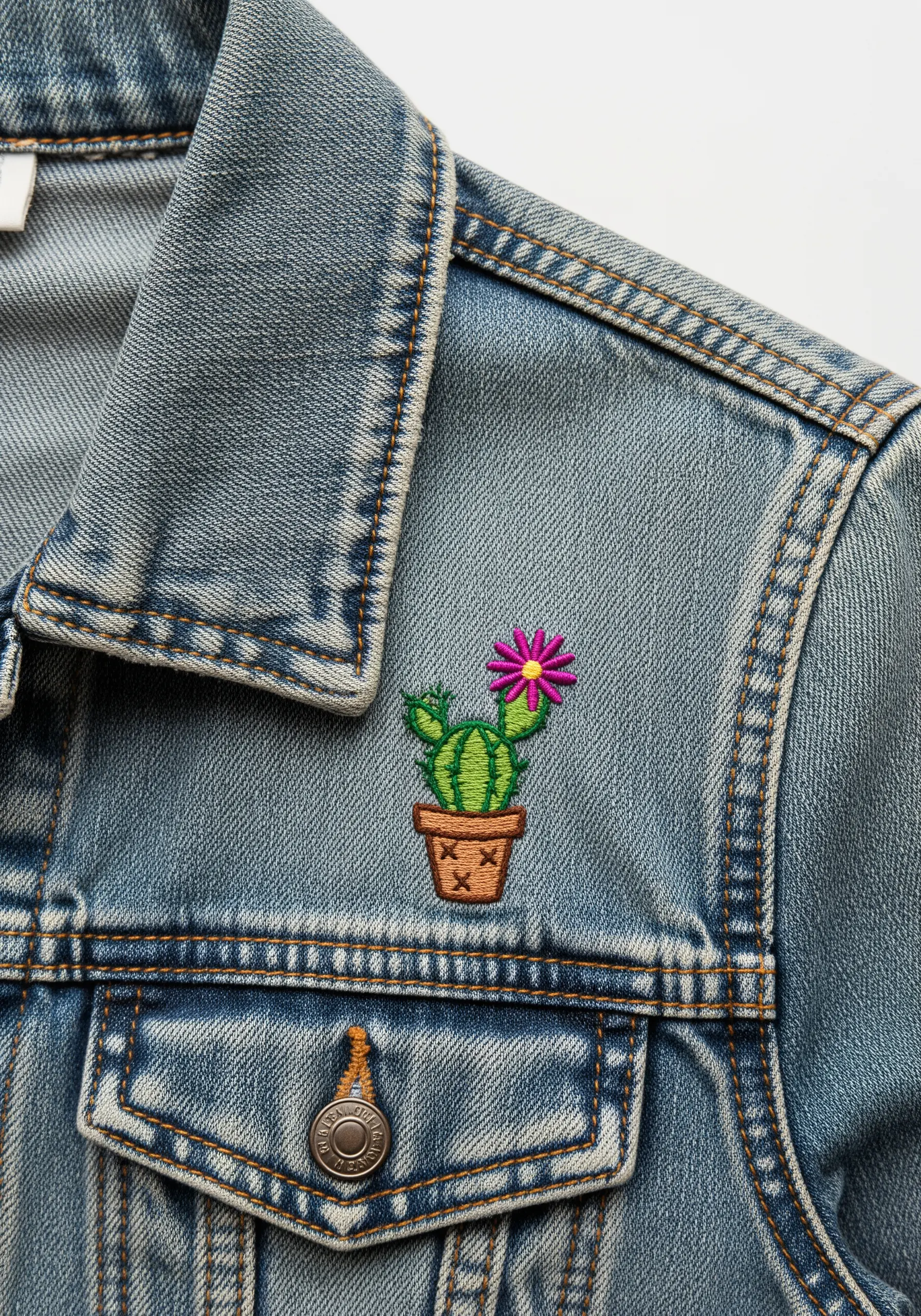 Small embroidered cactus in a pot with a pink flower on a denim jacket.