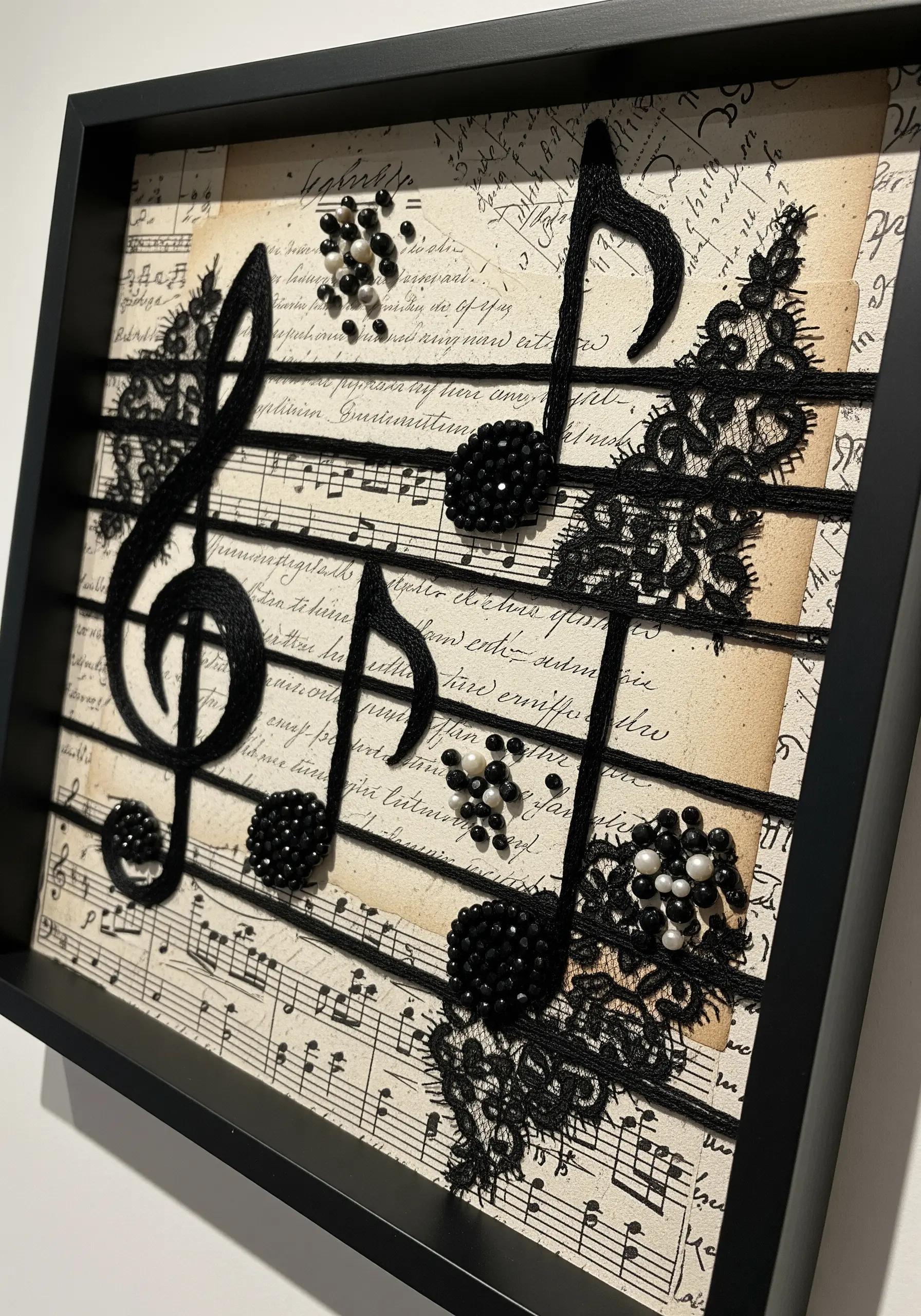 A framed artwork of musical notes made from yarn, beads, and lace over vintage sheet music.