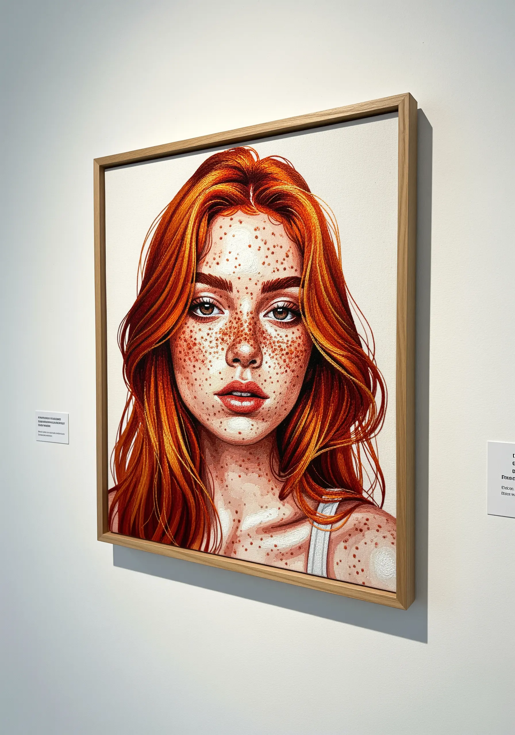 Framed embroidery of a woman with vibrant red hair and realistic freckles.