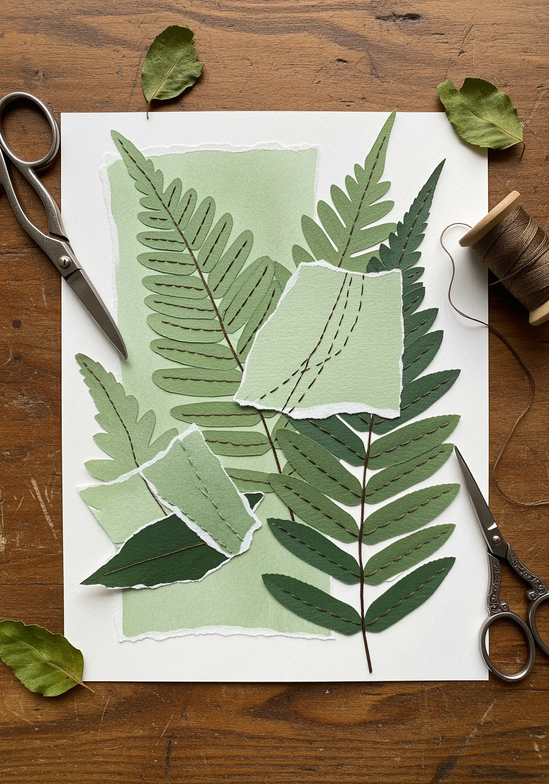 Torn green paper layered to form fern leaves, stitched with brown thread.