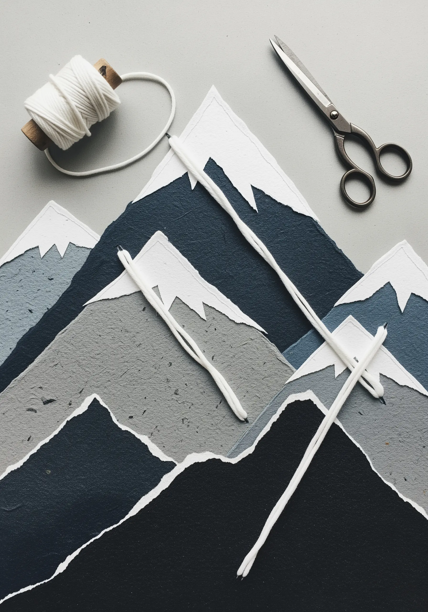 A mountain landscape made from layered, torn paper in shades of grey, stitched with white twine.