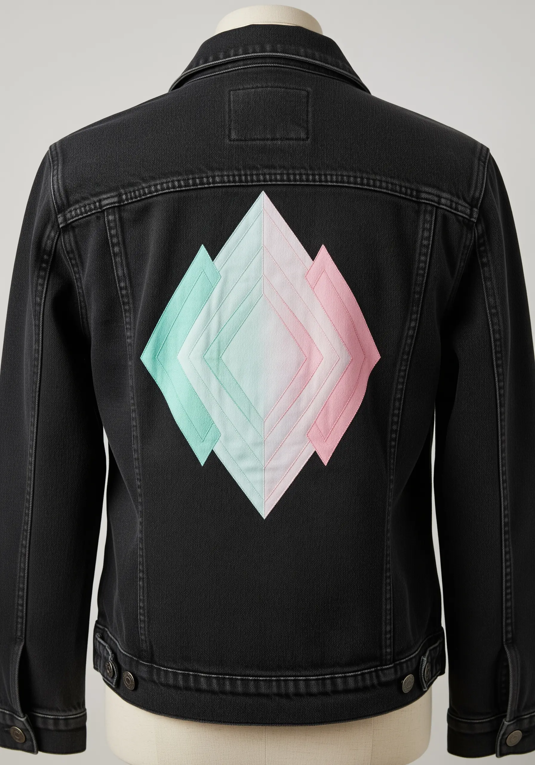 Overlapping geometric diamond shapes in pastel pink and green on the back of a black denim jacket.