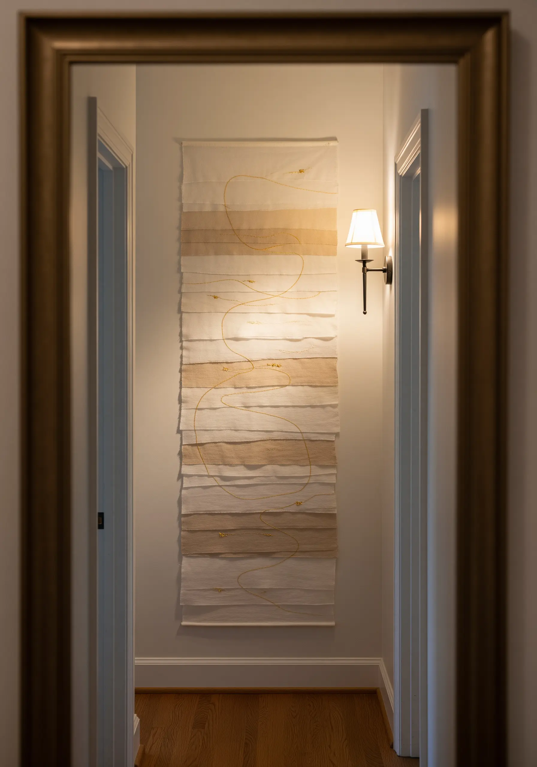 A wall hanging made of layered, raw-edged neutral fabrics with a meandering gold thread.