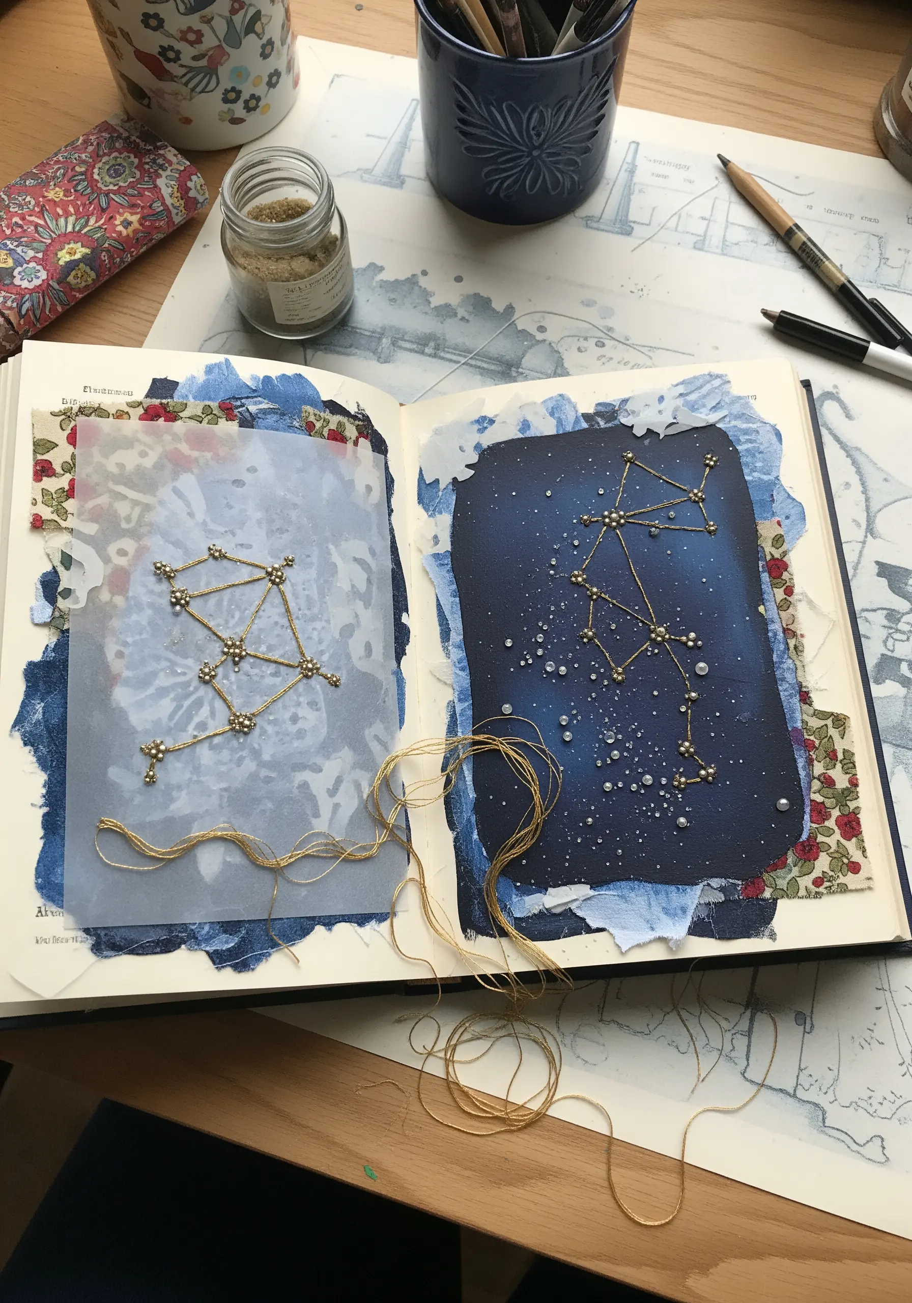 Gold thread constellation embroidery with French knots on layered paper in an art journal.