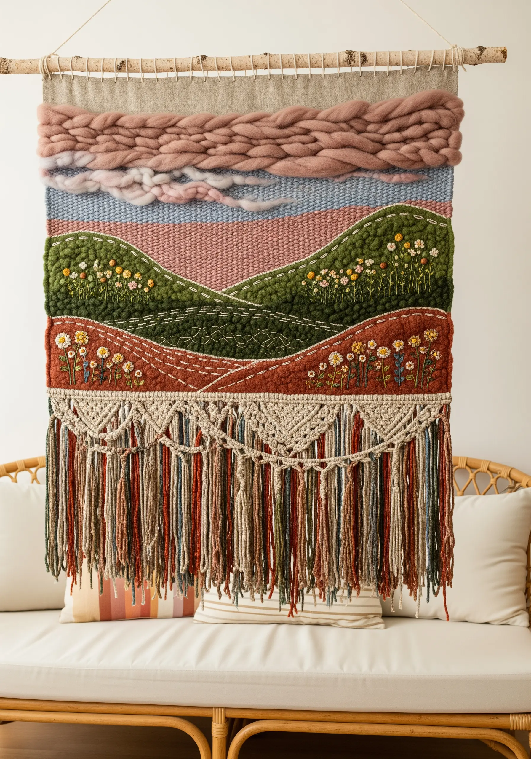 Woven wall hanging with embroidered wildflowers, macrame fringe, and chunky yarn clouds.