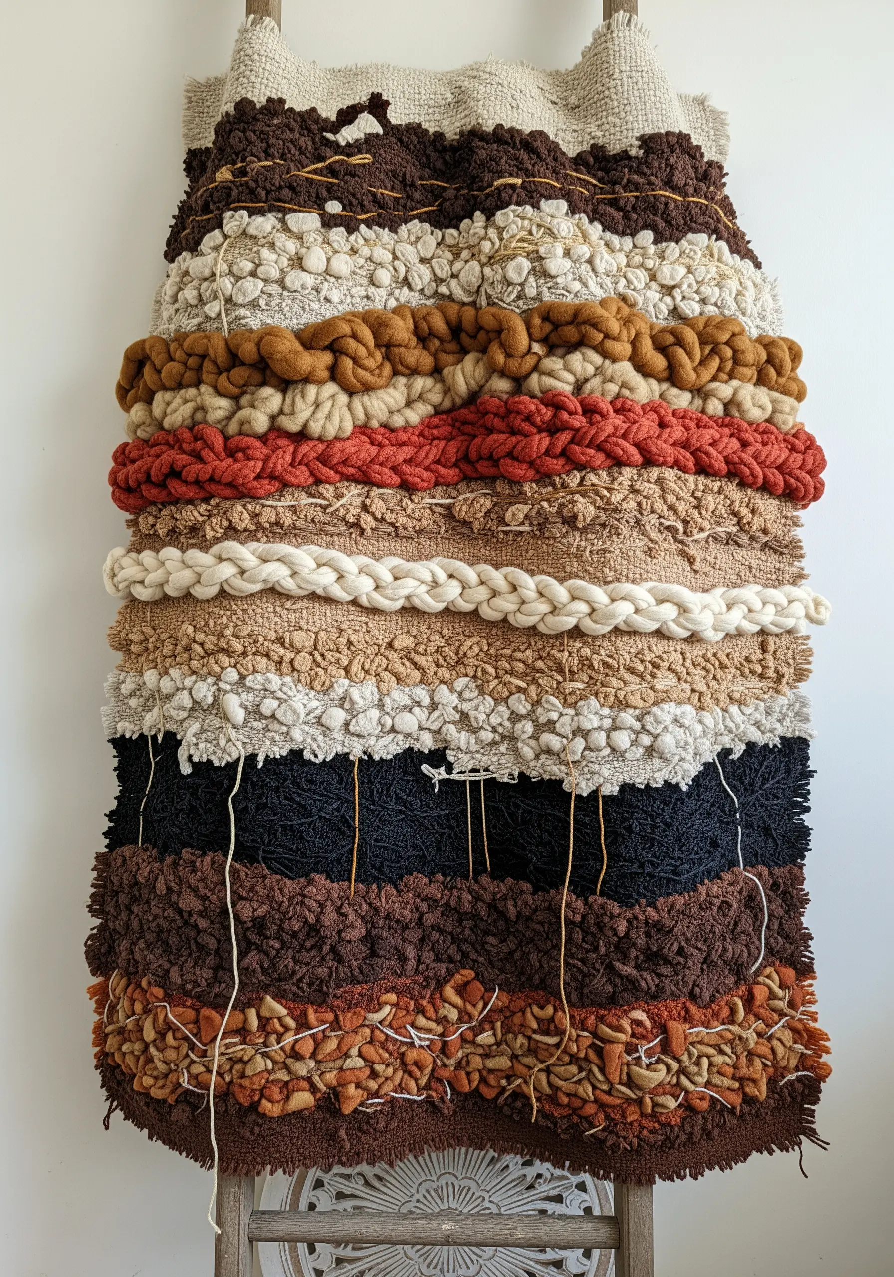 A highly textured wall hanging made with chunky yarns, braids, and knots in earth tones.