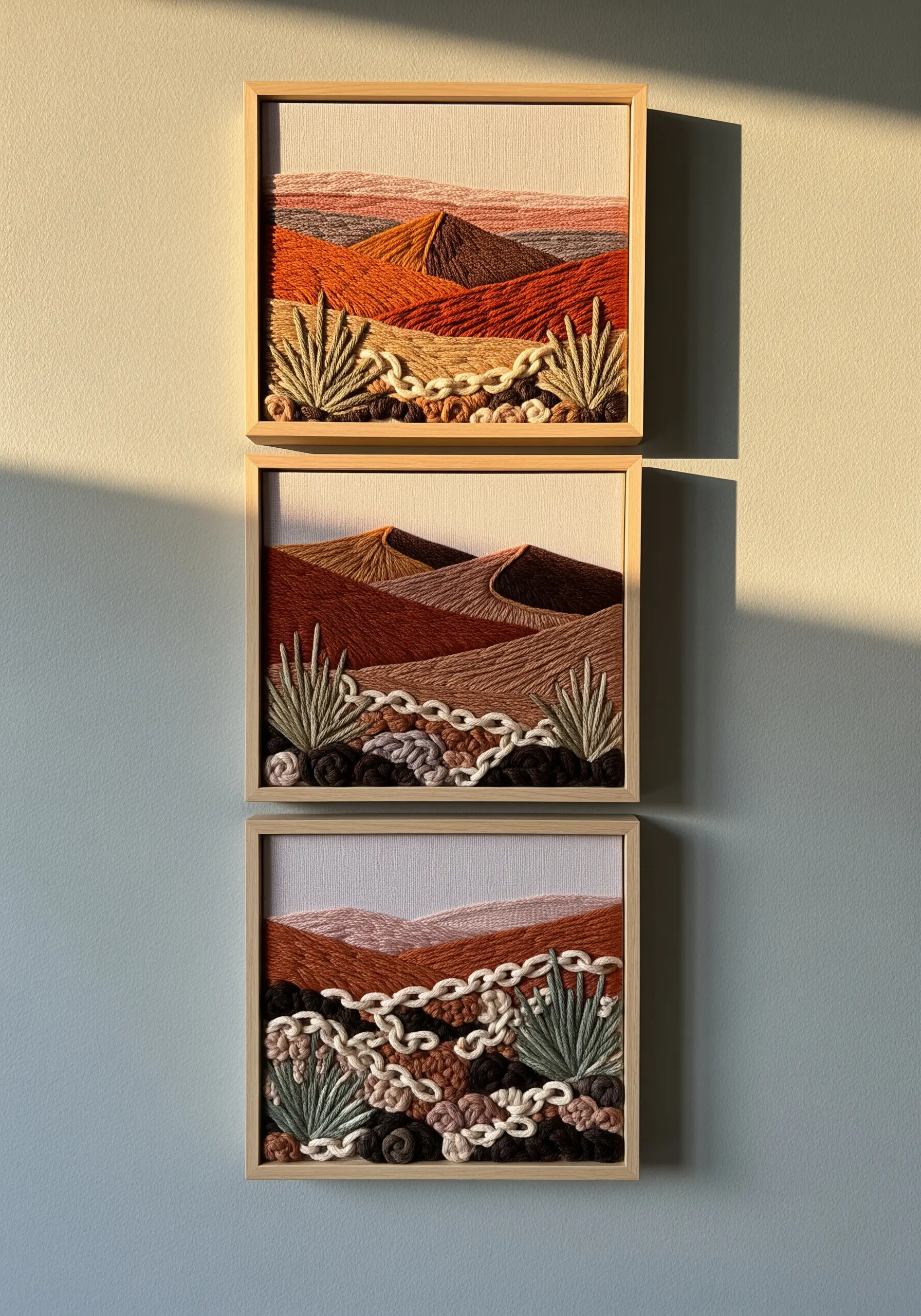 Triptych of framed desert landscapes using layered yarn textures and colors.