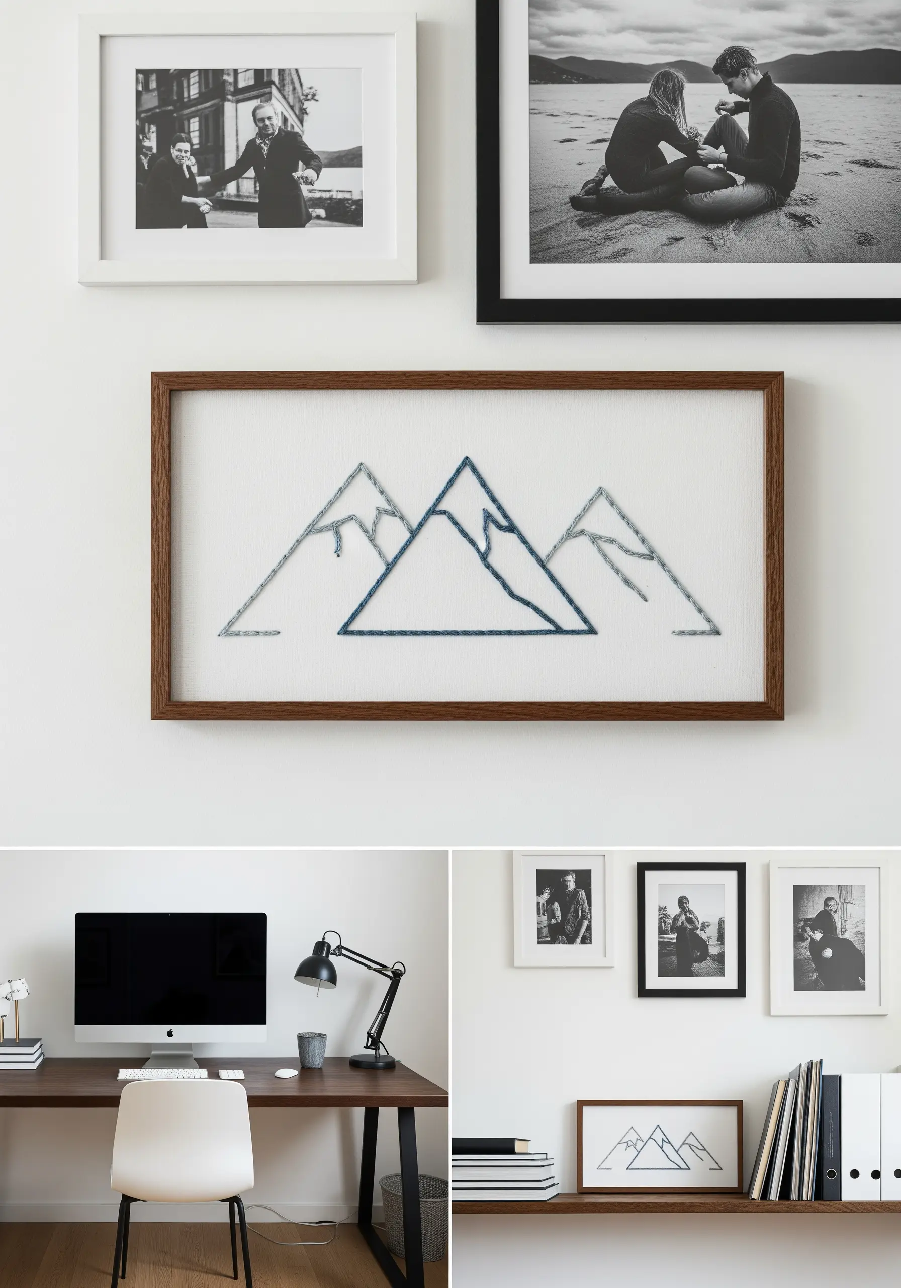 Minimalist mountain range embroidery with layered outlines in shades of blue.