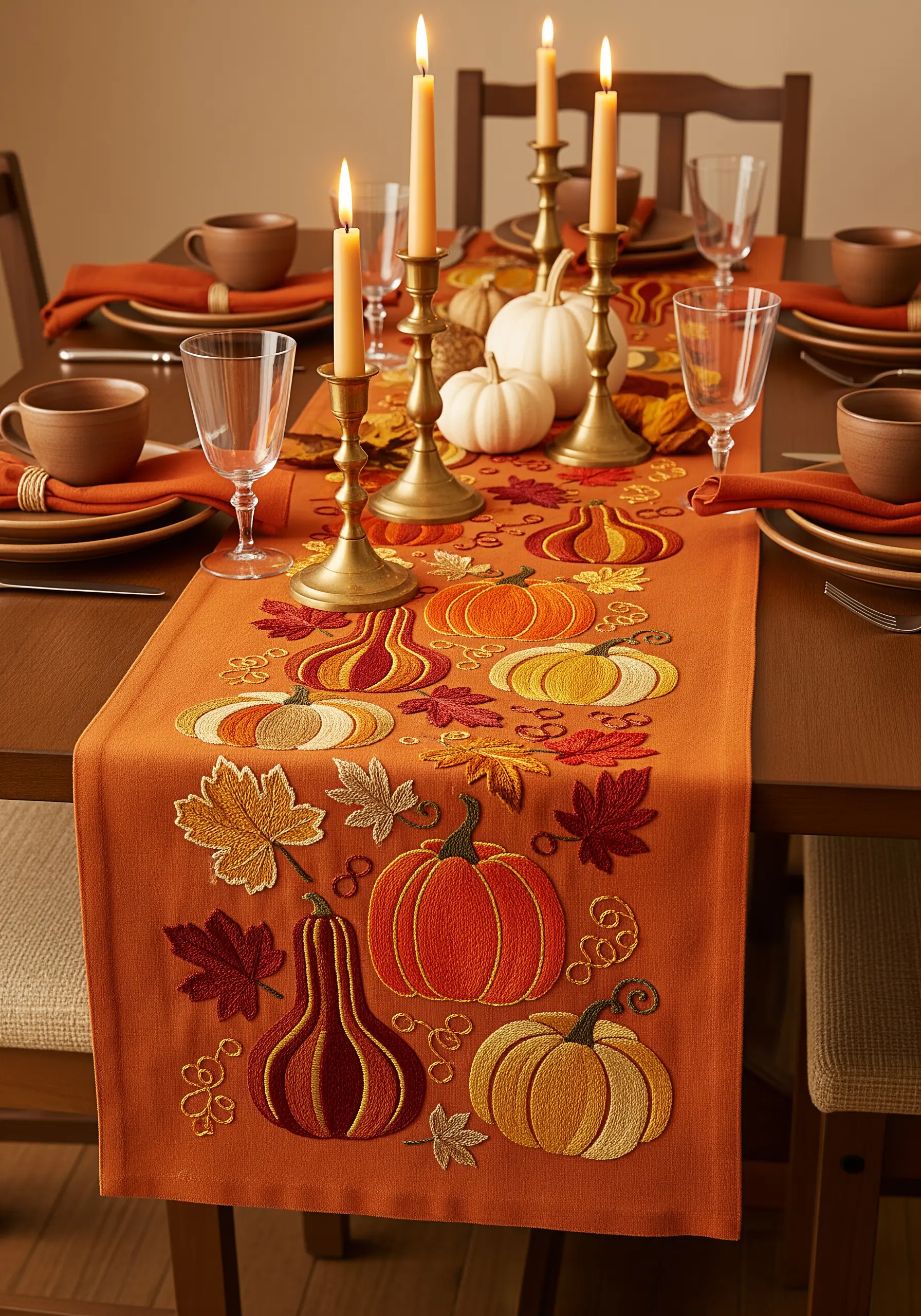 Autumnal table runner with embroidered and appliquéd pumpkins and leaves.