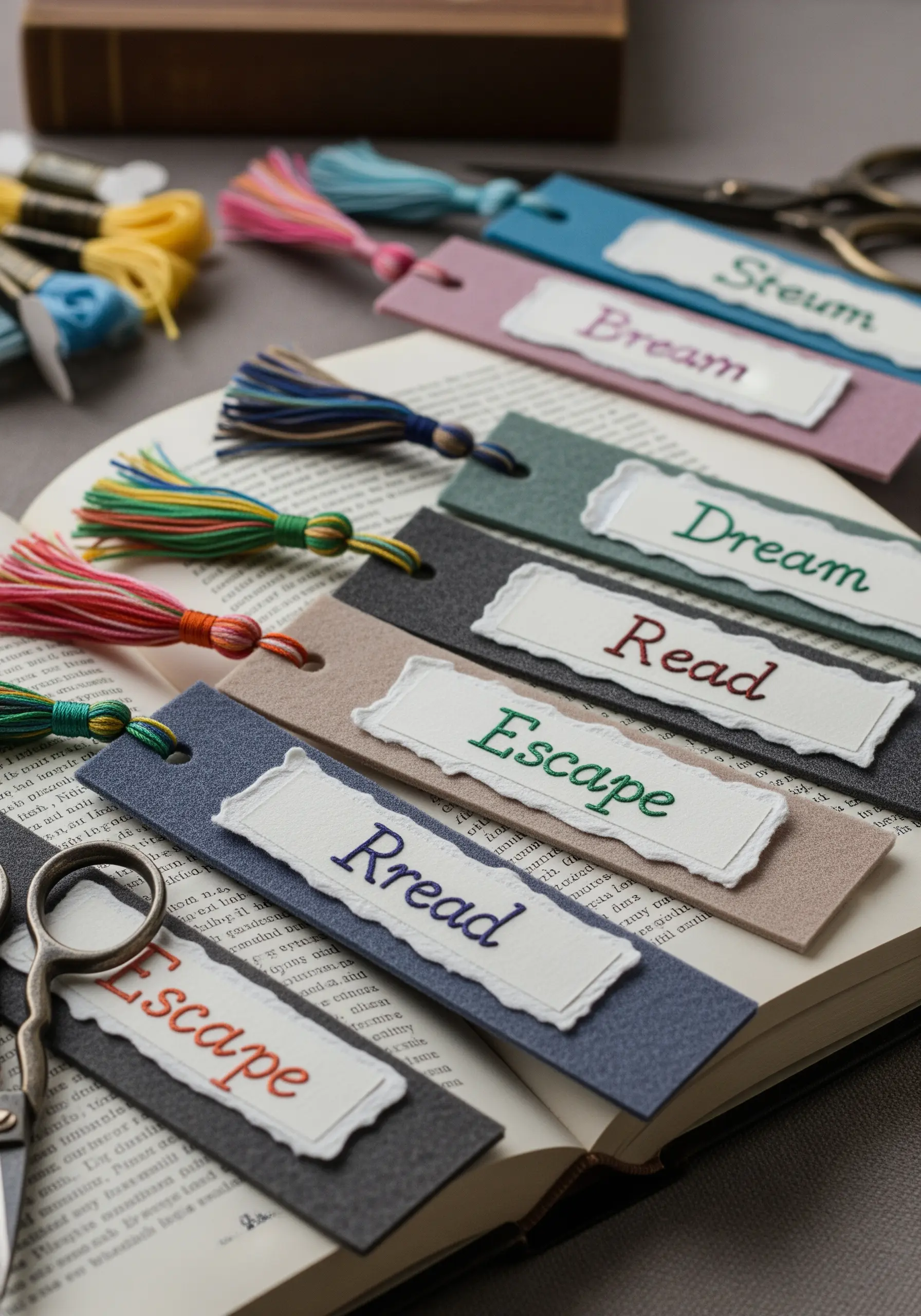 Colorful bookmarks made from layered paper and fabric, with single embroidered words and tassels.