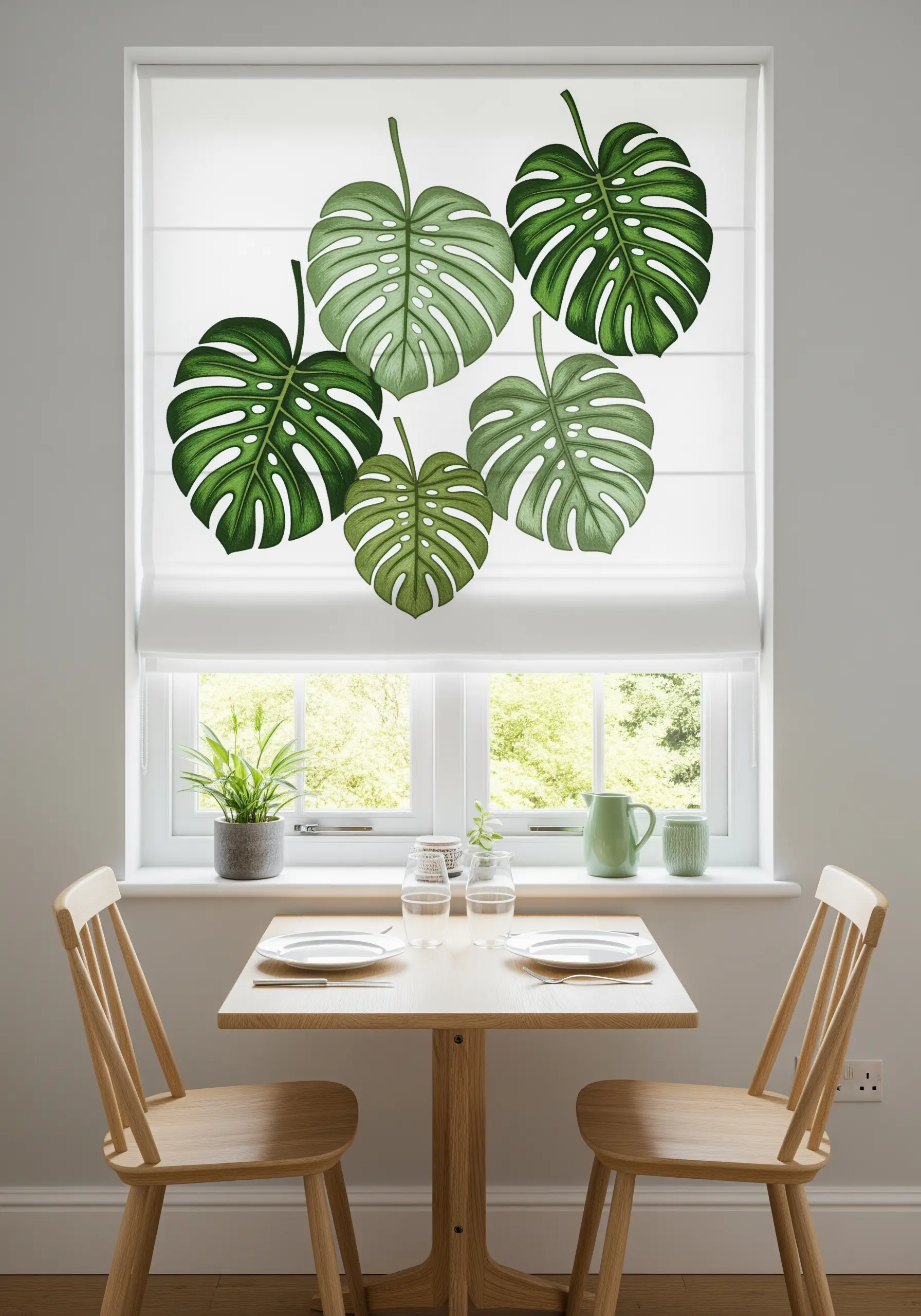 A cluster of embroidered monstera leaves in varying shades of green on a white blind.