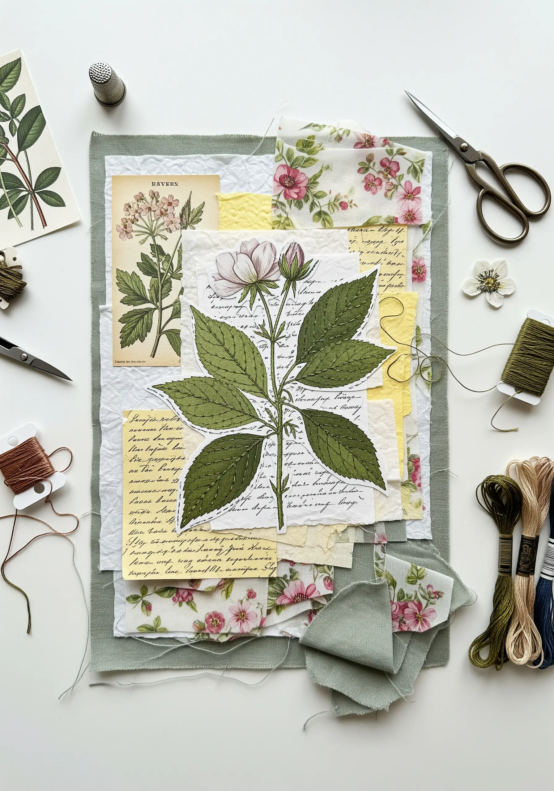 Botanical paper illustration layered with fabric scraps and embroidery thread.