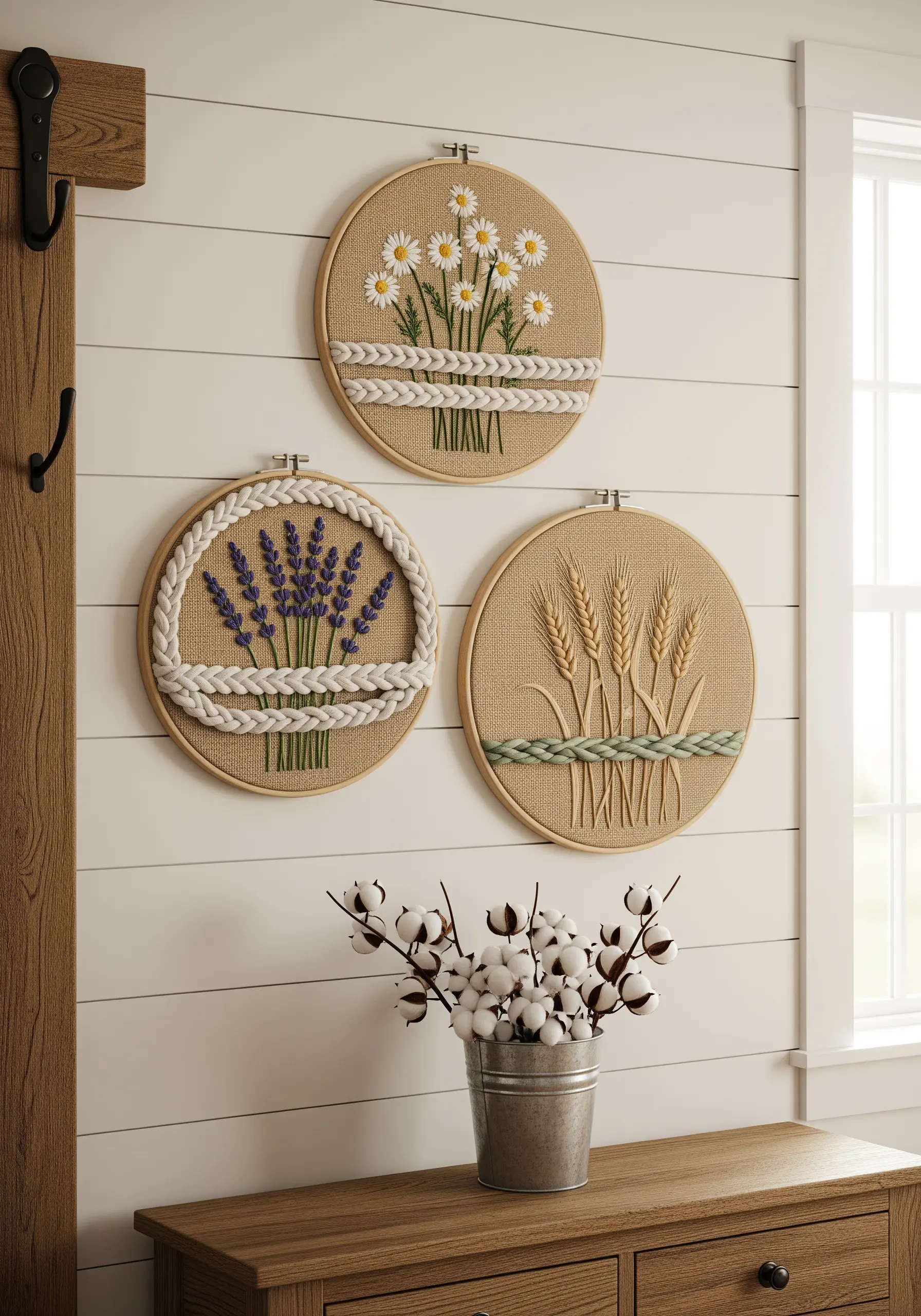 Trio of embroidery hoops with lavender, daisies, and wheat, accented with chunky braided yarn.